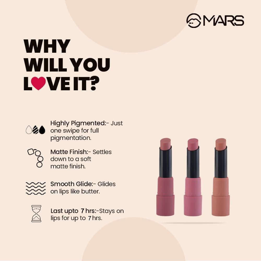 MARS Matte Box Set of 3 Lipsticks for Women | Long-Lasting | Smooth Finish | Moisturising | One Swipe Pigmentation | (3X3.2 Gm) (02-Peaches & Nudes) image number 1