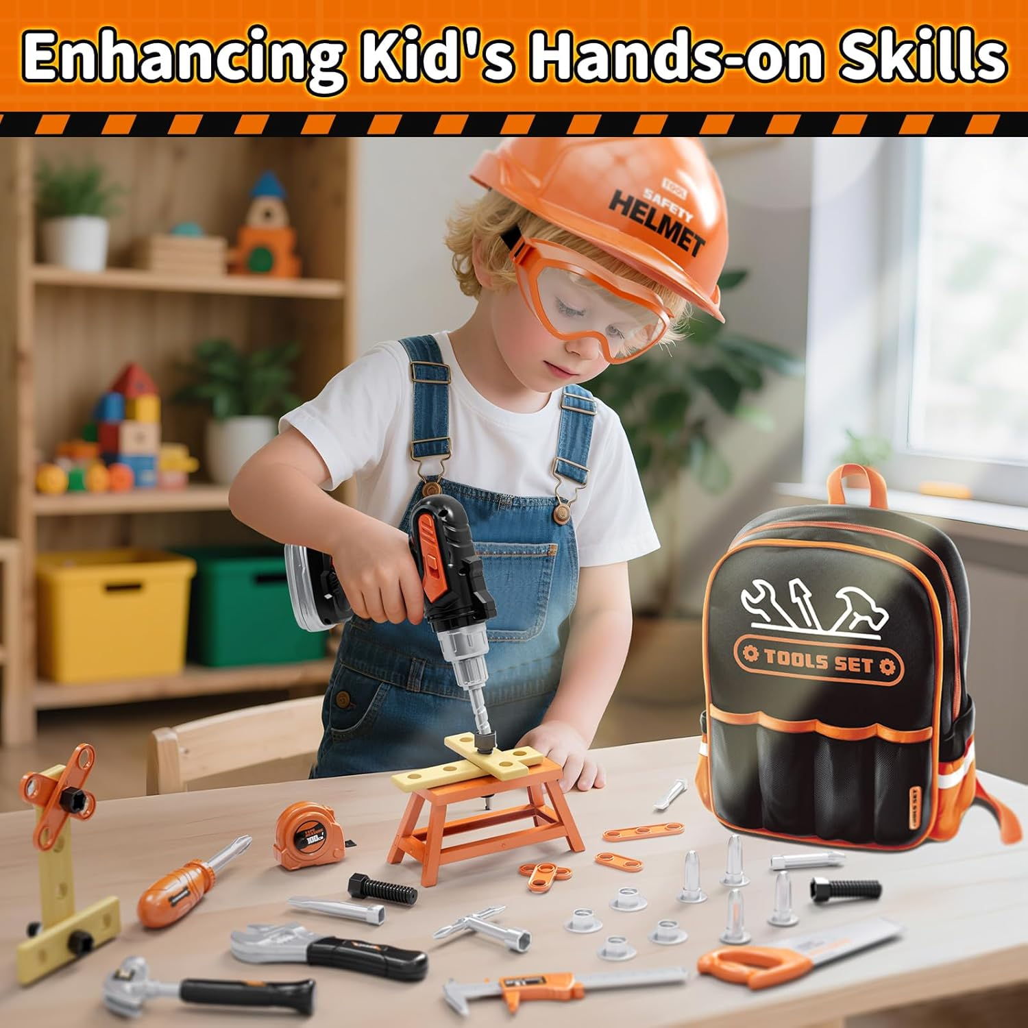 Kidbloom Kids Tool Set with Backpack, 50 PCS Construction Toys with Electric Toy Drill, Helmet and DIY Building Parts, Toys for 3 4 Year Old Boys Gifts image number 3