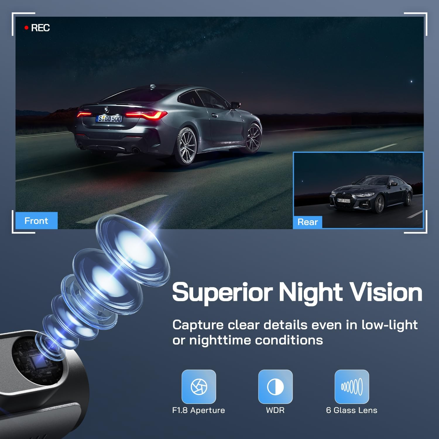 WOLFANG Dash Cam Car Front Rear 4K Wifi Dash Cam with 32GB SD Card, Ultra Night Vision, 170&deg; Wide Angle, WDR, 24 Hours Parking Mode, G-Sensor, Loop Recording image number 1