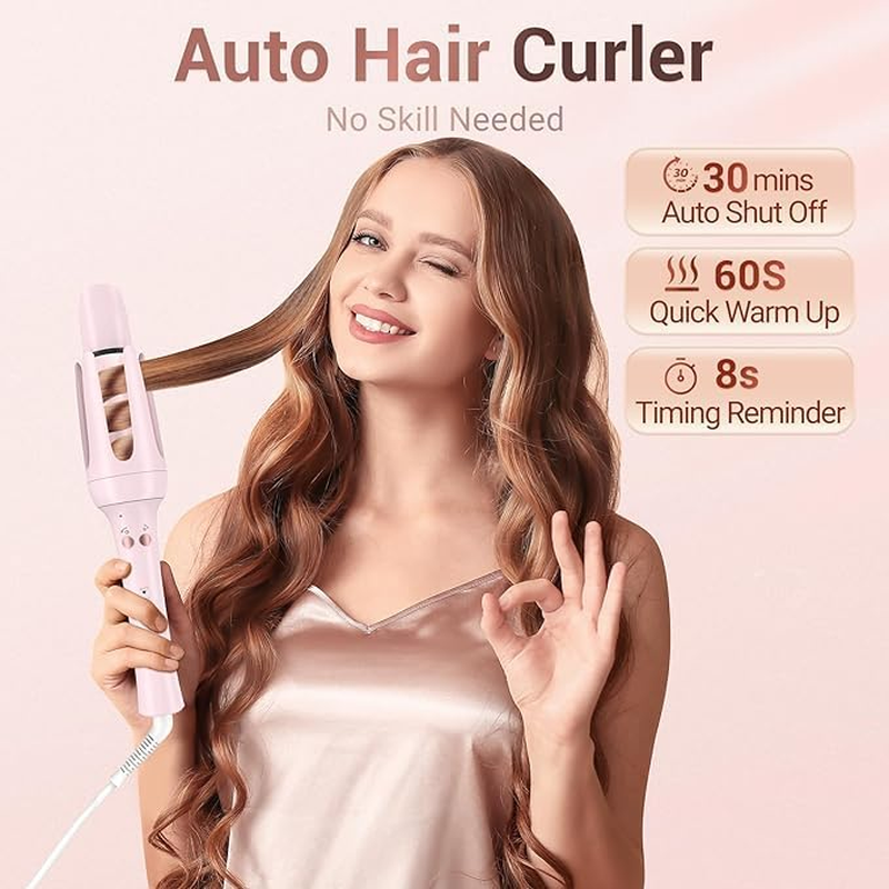 Automatic Curling Iron, Hair Waver with Anti-Tangle & Auto-Off, Hair Curler Replaceable Curling Wand with 2 Sizes Barrel (1", 1.25") & 3 Temps, Double Voltage Rotating Curling Iron (Pink, Medium) image number 1