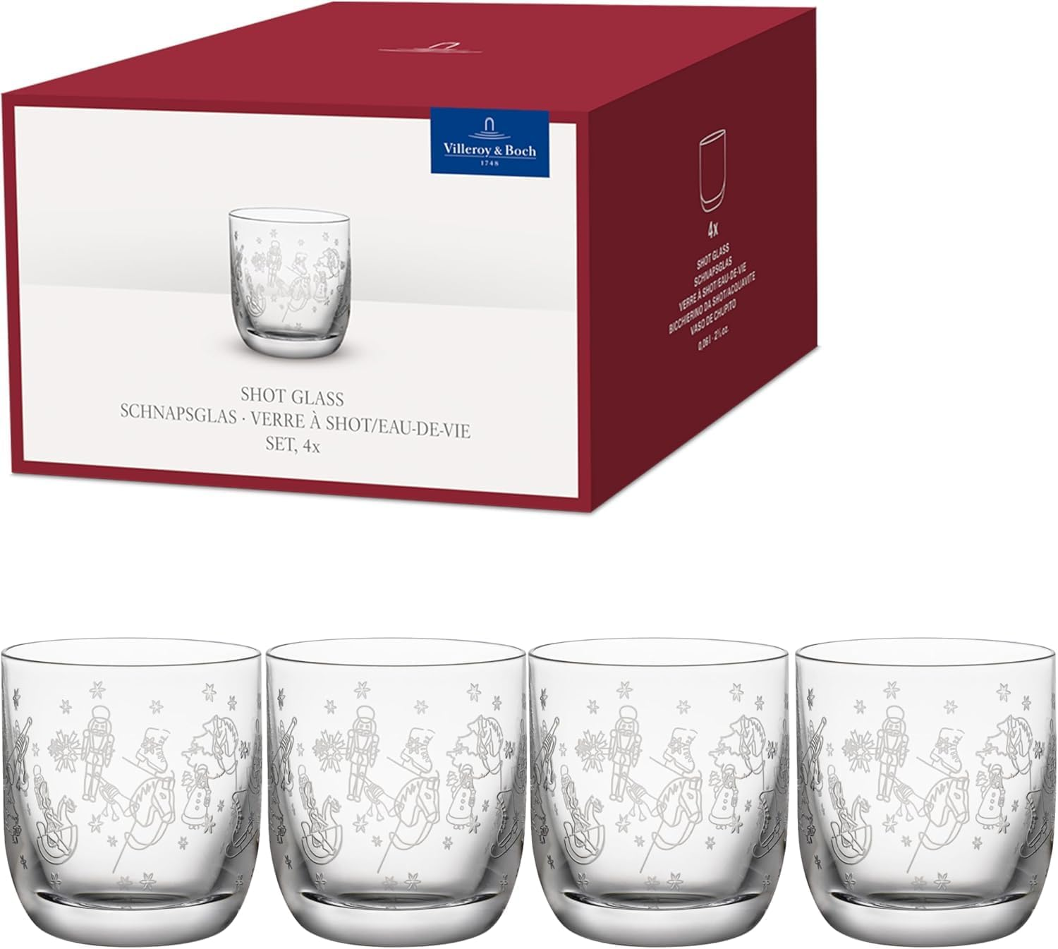 Villeroy & Boch - Toy'S Delight Shot Glass Set of 4, Clear, Dishwasher Safe, Shot Glasses Set, Christmas Glasses, Shot Glasses, Liquor Glasses, Glasses with Christmas Motif, Crystal Glass image number 4