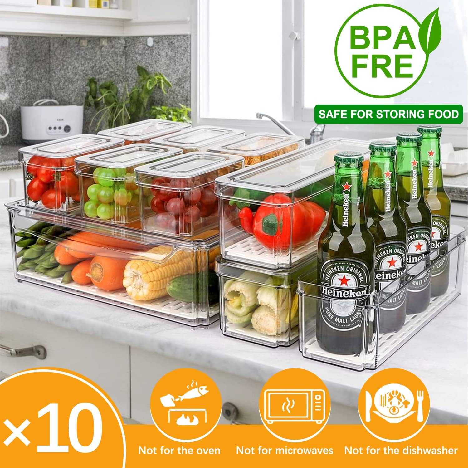 BY for Kitchen & Home 10 Pack Fridge Organizer Bins, Clear Stackable Refrigerator Storage with Lids and Removable Drain Tray, Pantry Storage Containers for Fruit, Food, Vegetable, Bpa-Free image number 5