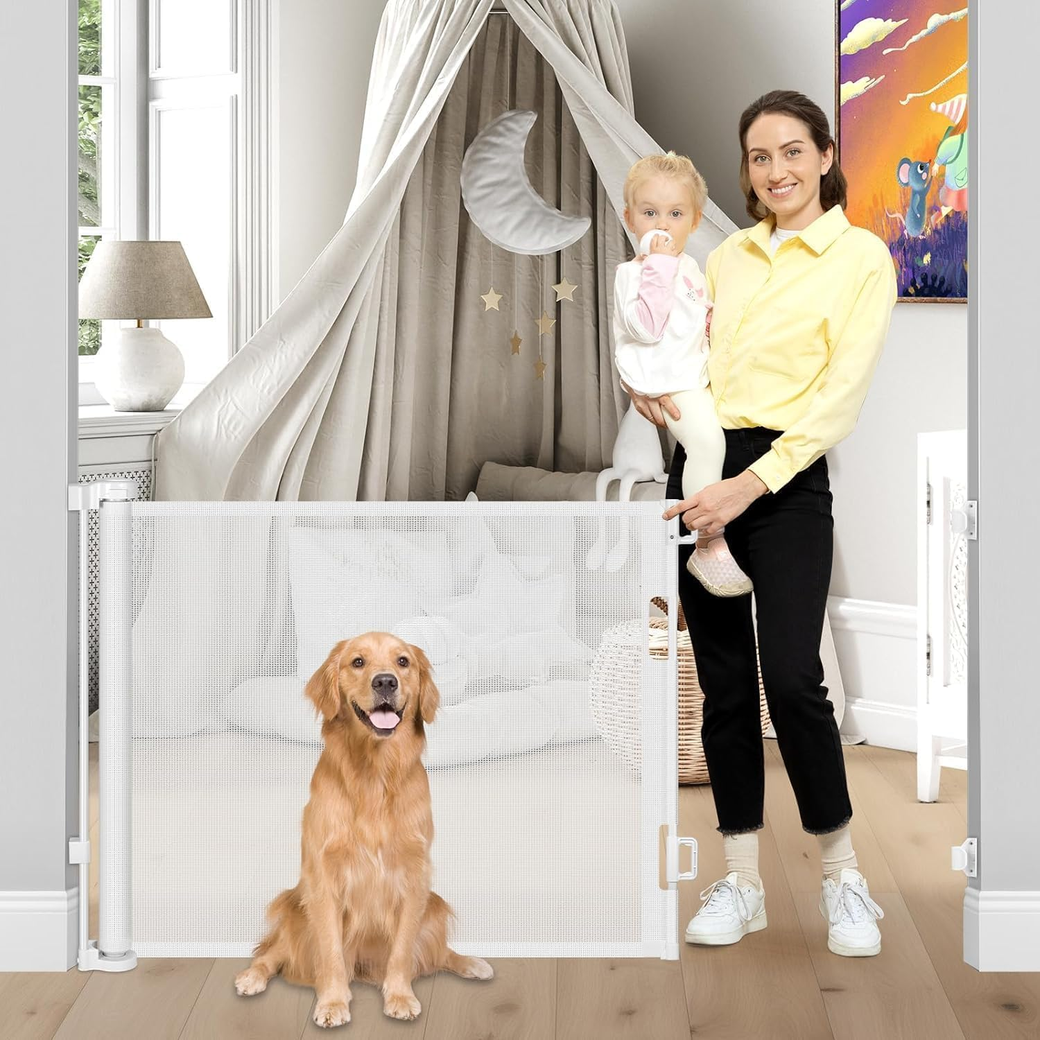 ZONEY Retractable Baby Gate, Baby Gate or Mesh Dog Gate, 33" Tall, Extends up to 55" Wide, Child Safety Gate for Doorways, Stairs, Hallways, Indoor/Outdoor (33"X55") (White, 33"X55"(150 * 86Cm))
