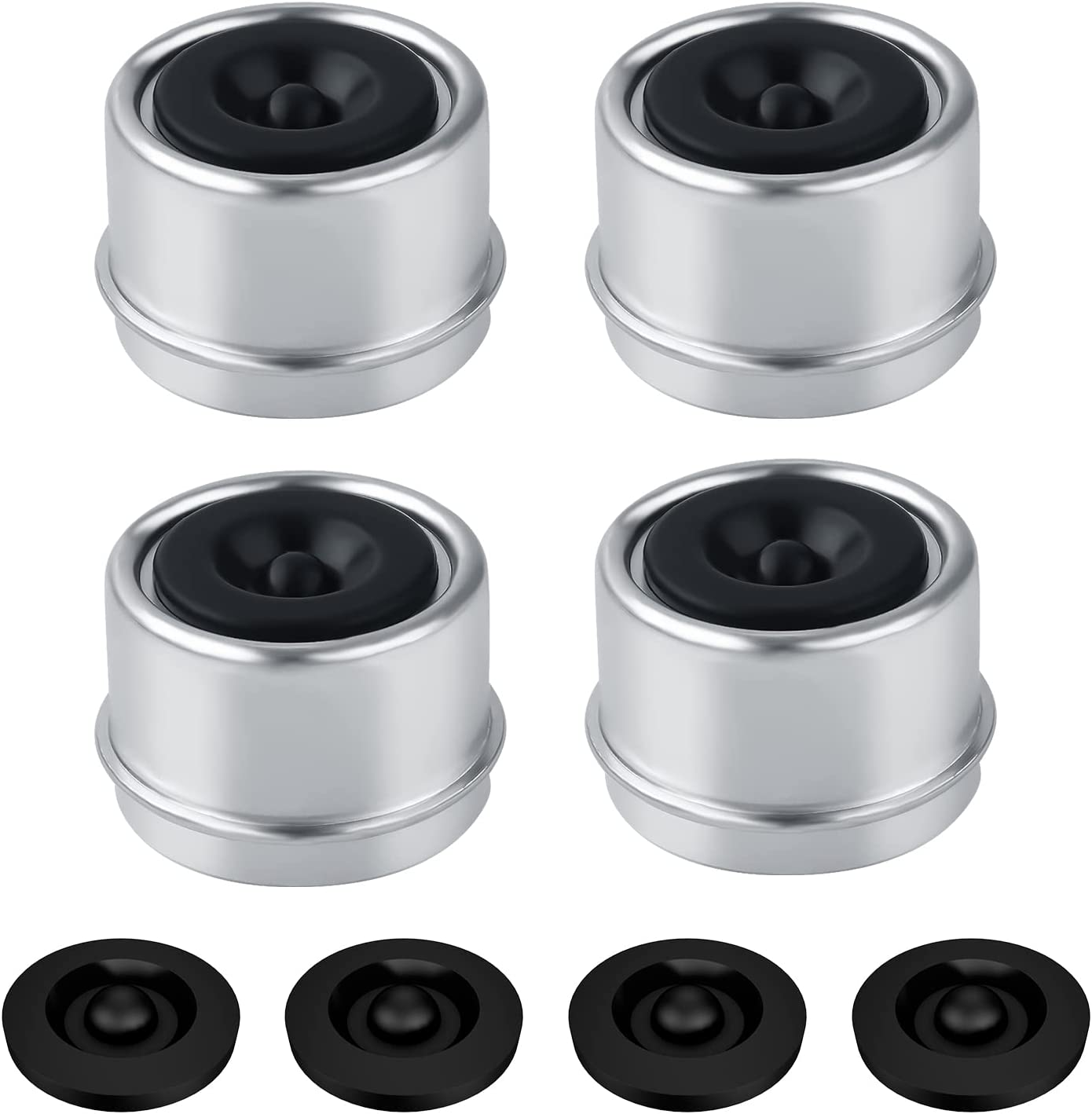 TOYMIS 4 Set Trailer Hub Cap and Bearing Grease Plugs, 1.98" Bearing Caps for Most 2000 to 3500 Pound Axles Dexter, Hub Dust Caps with 4Pcs Extra Rubber Grease Plugs image number 1