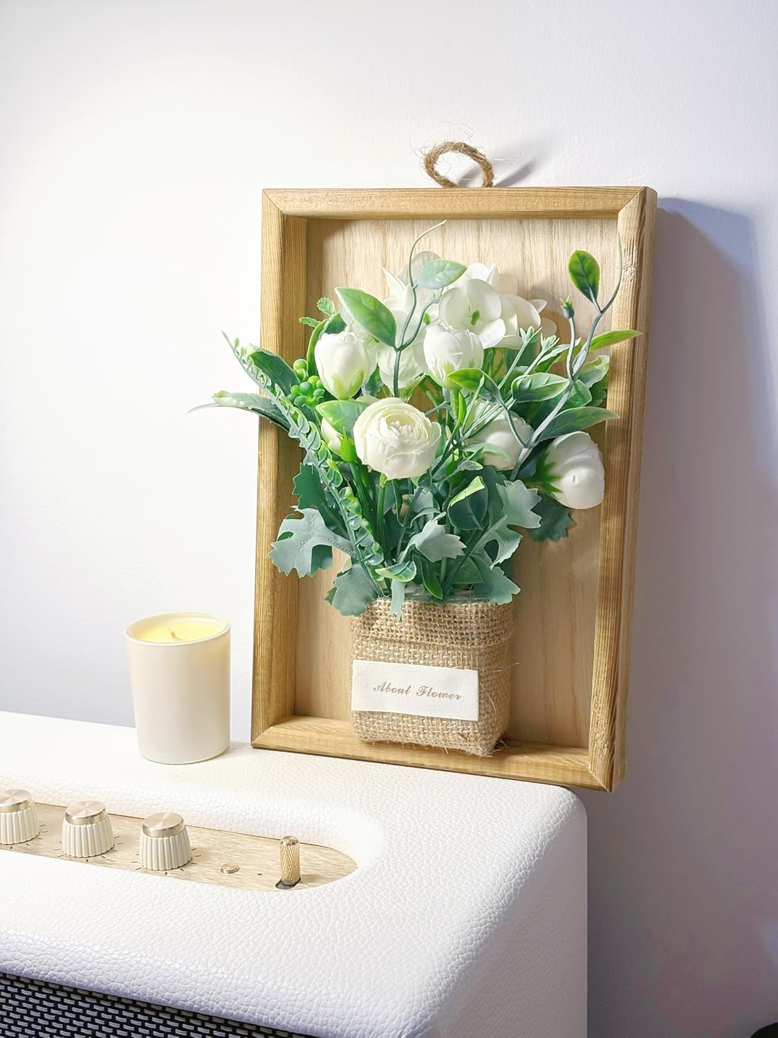 Midrodlle Artificial Hanging Plants Wall D&eacute;cor in Wooden Frame (22.8 X 15.5 Cm), Fake Flowers Wall Art Indoor Decorations-Aisha White Roses