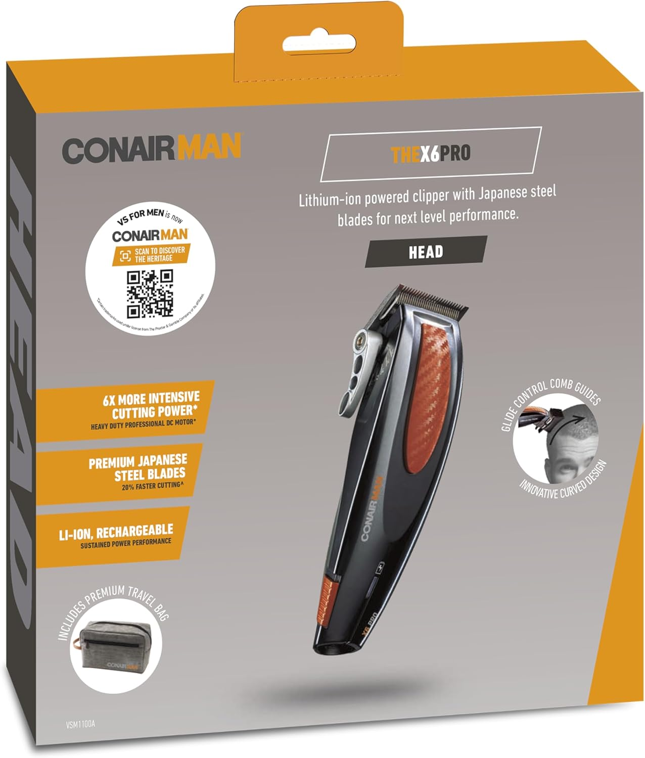 Conairman X6 PRO Cordless Hair Clipper &ndash; Japanese Steel Blades, 50 Cutting Lengths with Taper Control, 6X Power DC Motor, Corded & Cordless Use, Quick Charge, Travel Bag