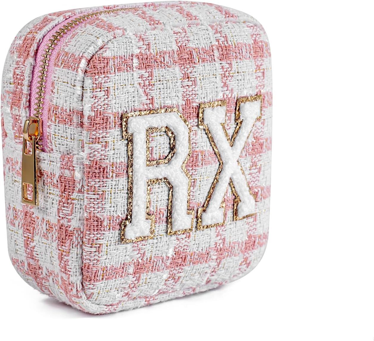 DDPOND Small Medicine Bag for Travel, Personalized RX Chenille Letters Checkered Pouch for Women and Girls, Cute Meds Drug Makeup Bags with Zipper (01Beige Checkered)