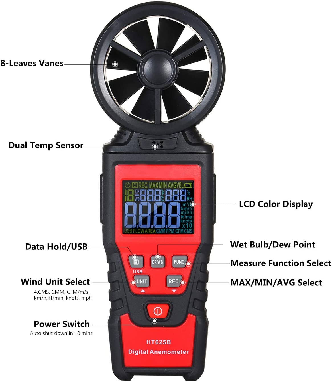 AUTENS Digital Anemometer Humidity Temperature Testers with USB Data Logging, LCD Color Screen, Wind Speed Meter Air Flow Meters for Measuring Wind Speed, Air Volume, MAX/MIN/AVG and Data Hold