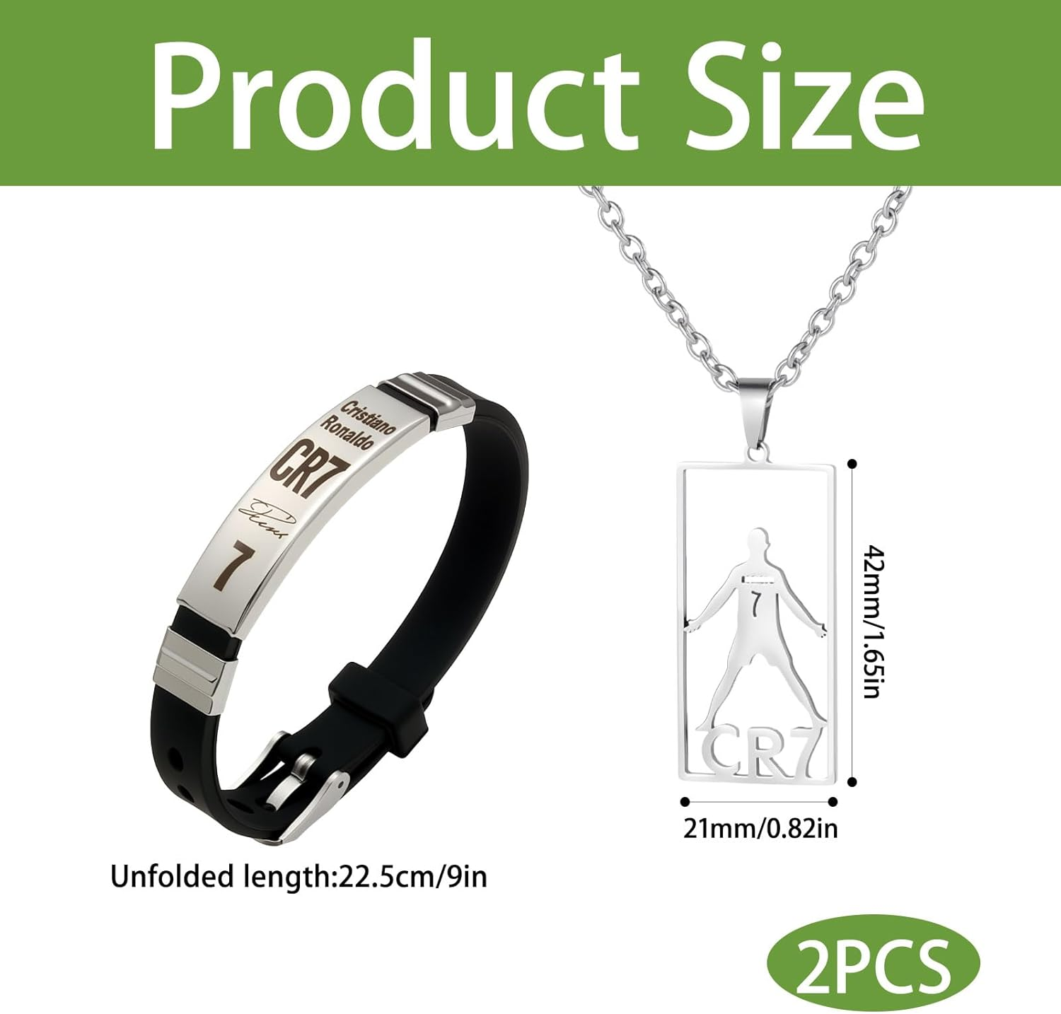 2Pcs Charm Bracelets, World Cup Cristiano Ronaldo No. 7 Football Stainless Steel Pendant Bracelet, Football Bracelet Pendant Necklace Set, Adjustable Souvenir for Male Fans image number 5
