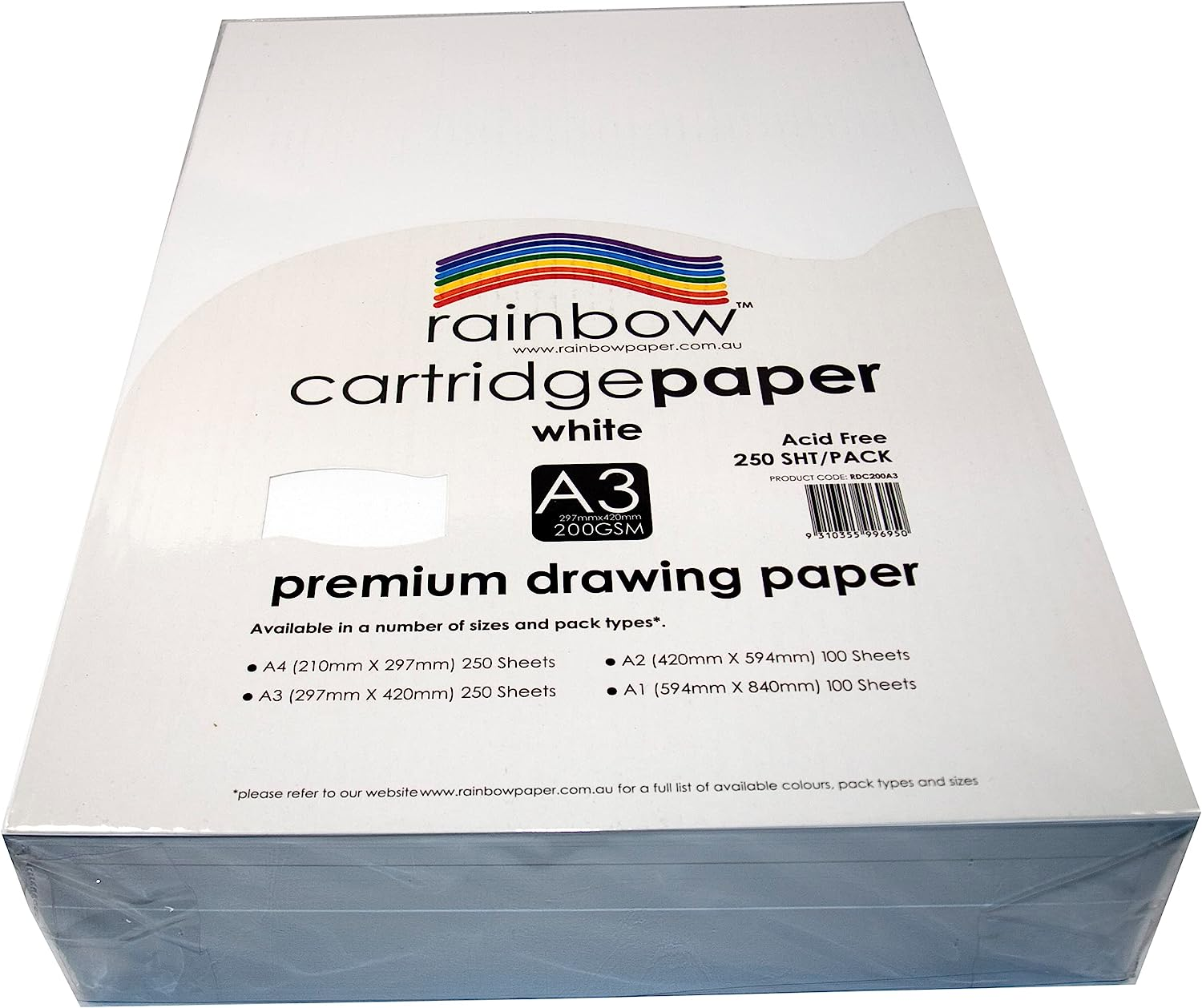 Rainbow A3 200Gsm Drawing Cartridge 250 Sheets, White image number 2