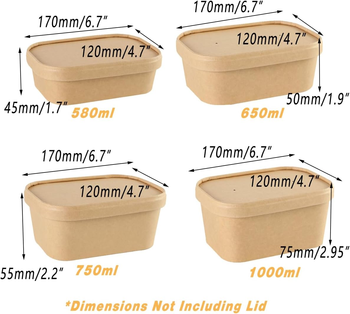 AIMALL 50Pcs Kraft Paper Lunch Boxes - Disposable Picnic & Camping Food Containers - Microwave Safe, Leakproof & Thickened for Fast Food, Fruit Bowls, Takeout & Tableware - 580Ml, 650Ml, 750Ml, 1000Ml image number 3