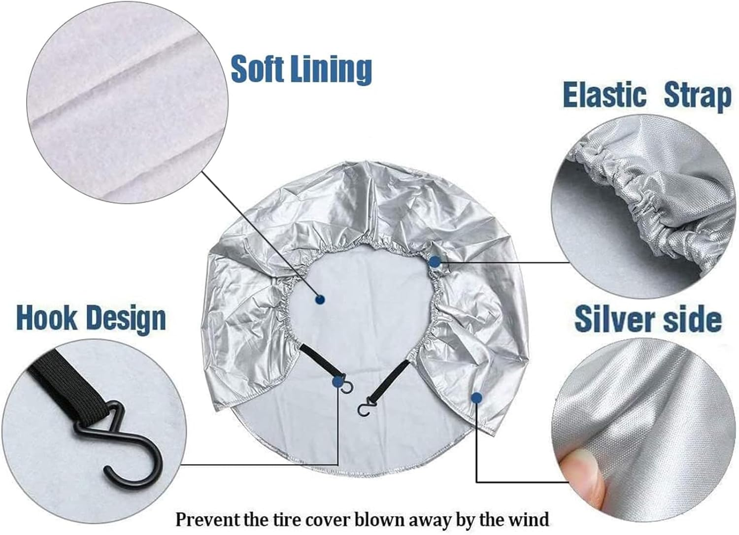 4-Piece Tire Covers - Waterproof, Dustproof Aluminum Film, Anti-Uv Spare Wheel Protectors with Hooks for Car, RV, SUV, Truck, and Trailer (Fits 45-56 Cm Tire Diameter) - Silver image number 3