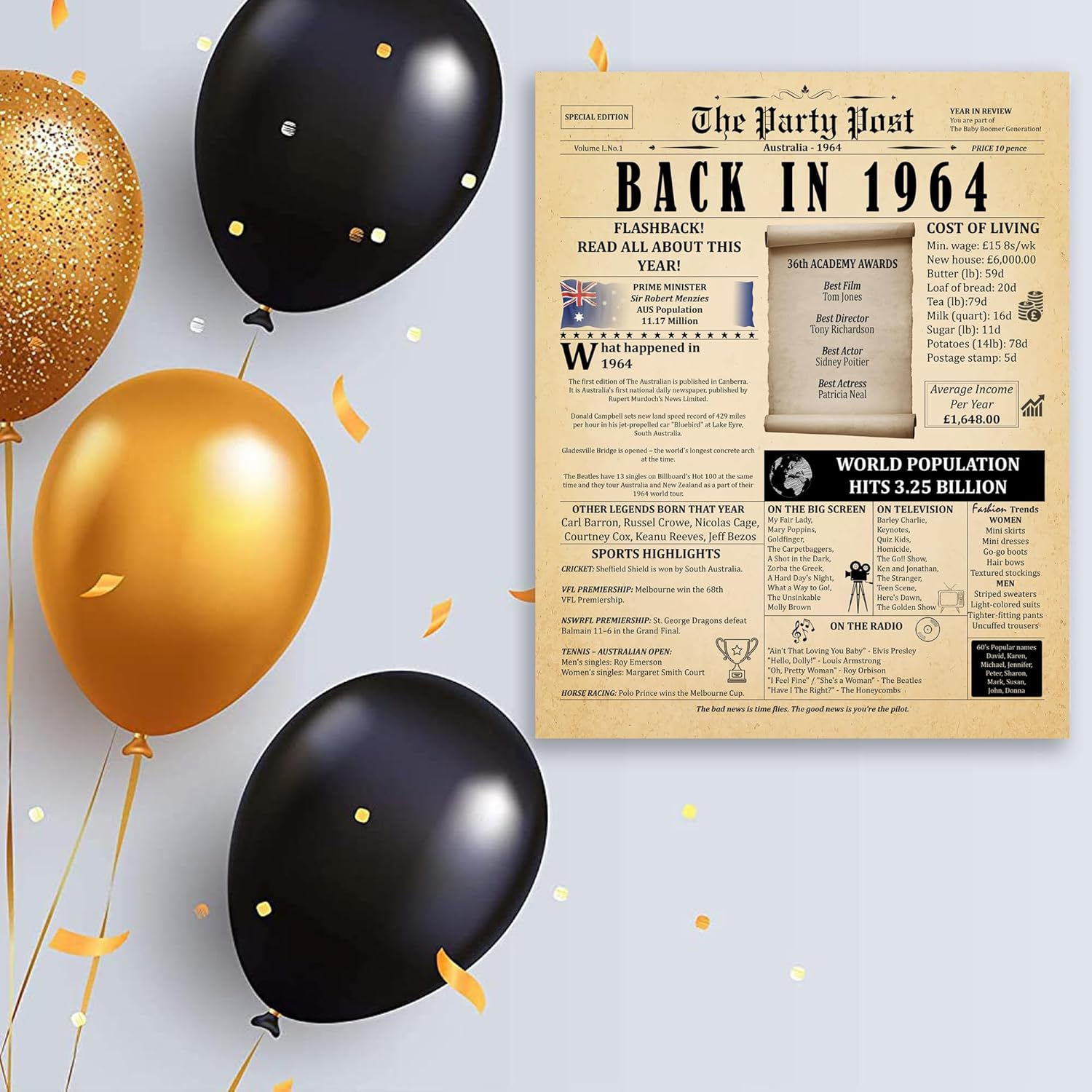 61St Birthday Party Decorations Poster - 61 Years Ago Anniversary Sign A3 Size. Vintage Home Decor Supplies for Her or Him. Back in 1964 Historical Banner for Women or Men Turning 61 Years Old