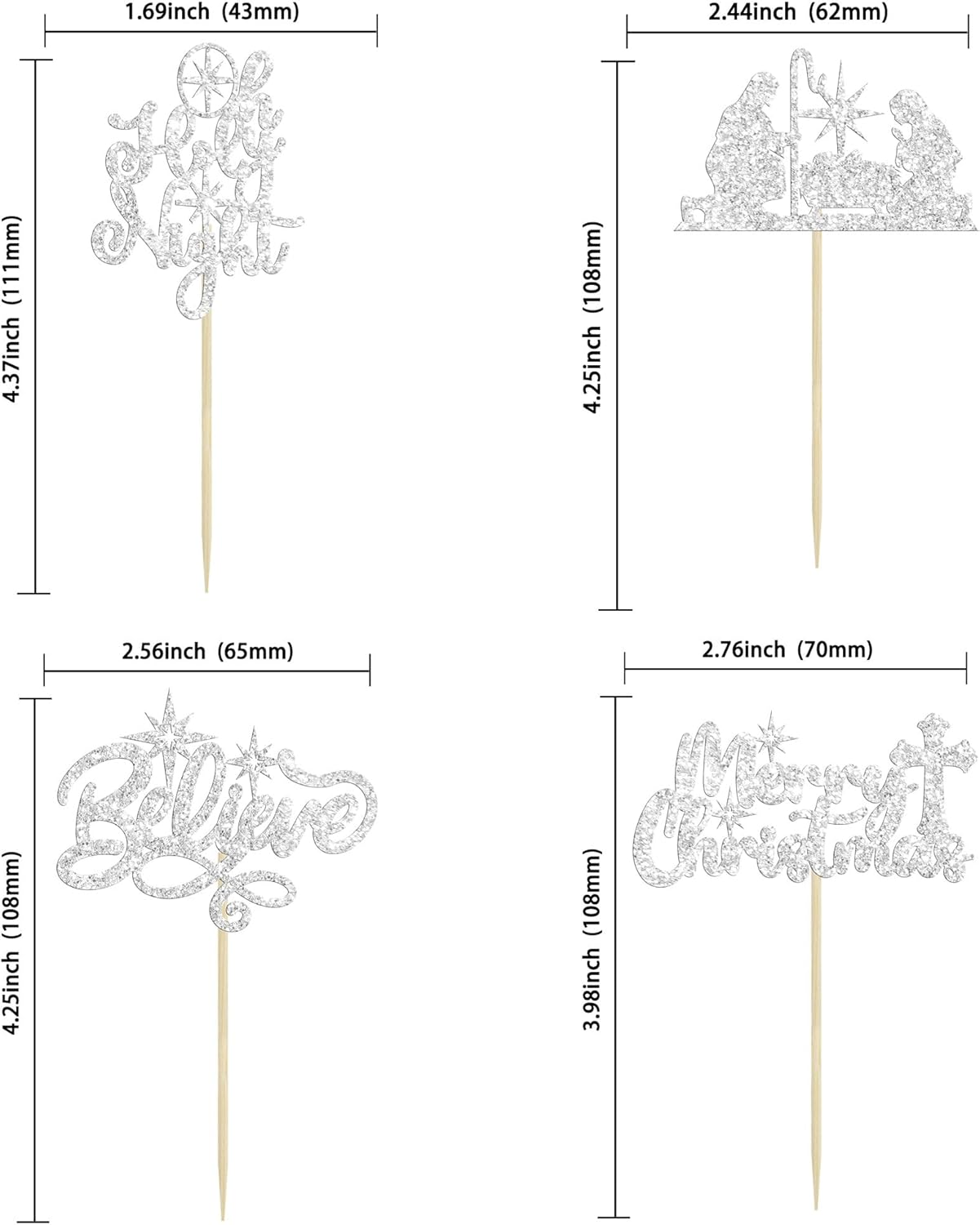 24Pcs Merry Christmas Nativity Cupcake Toppers Glitter Holy Night Blessed Hope Believe Jesus Birthday Cupcake Picks for Nativity Scene Theme Christmas Party Supplies Silver image number 1