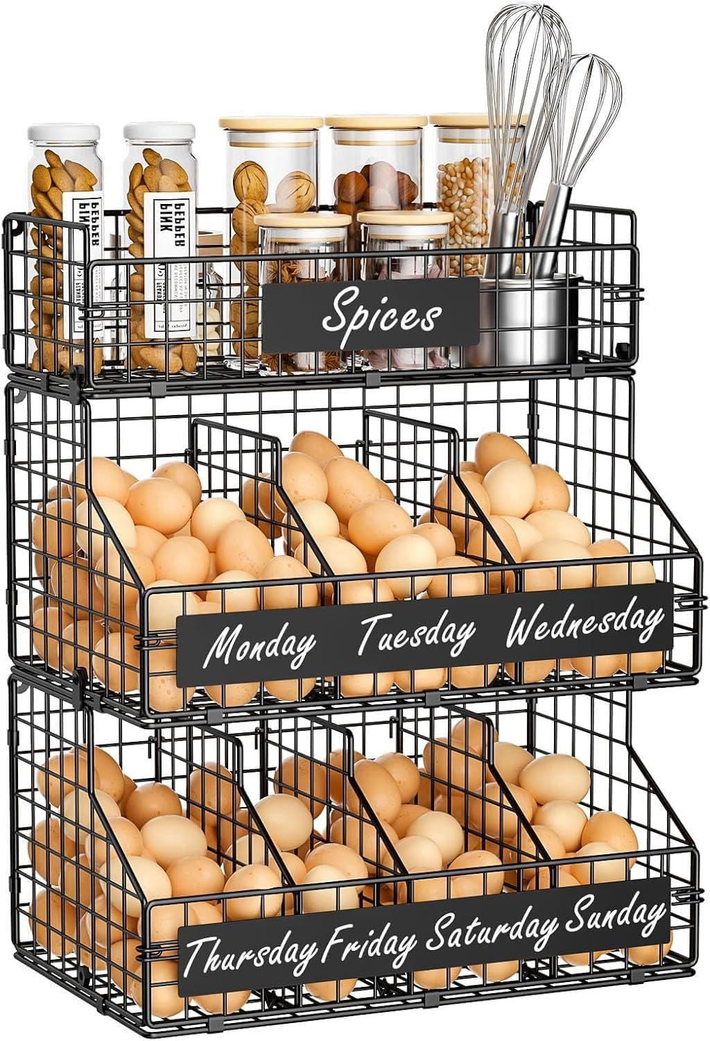 3-Tier Stackable Wire Egg Storage Basket, XXL Countertop Egg Holder with 5 Dividers, Wall-Mountable image number 6