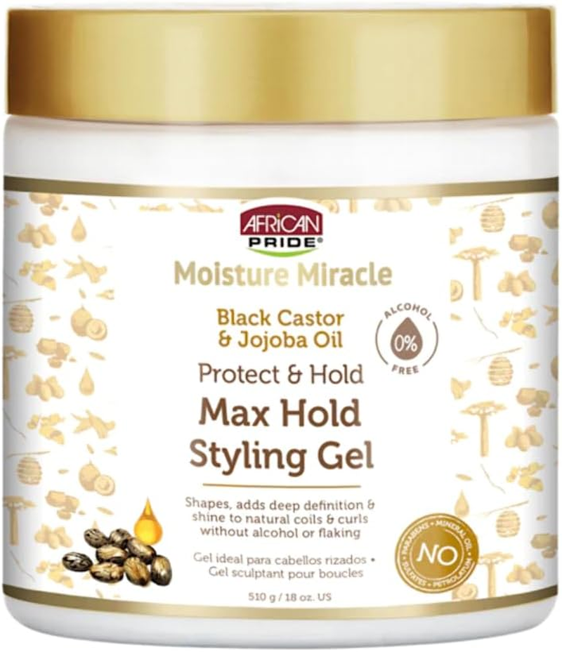African Pride Moisture Miracle Max Hold Styling Gel, Black Castor & Jojoba Oil, 510G