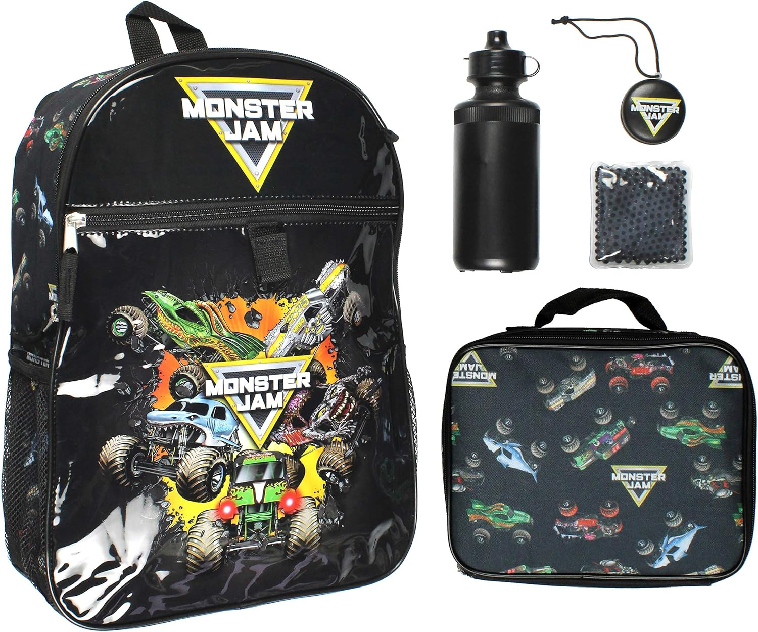 Monster Jam Megladon Grave Digger Max-D Monster Trucks Backpack Lunch Bag Water Bottle Ice Pack 5 Piece Mega Set image number 1