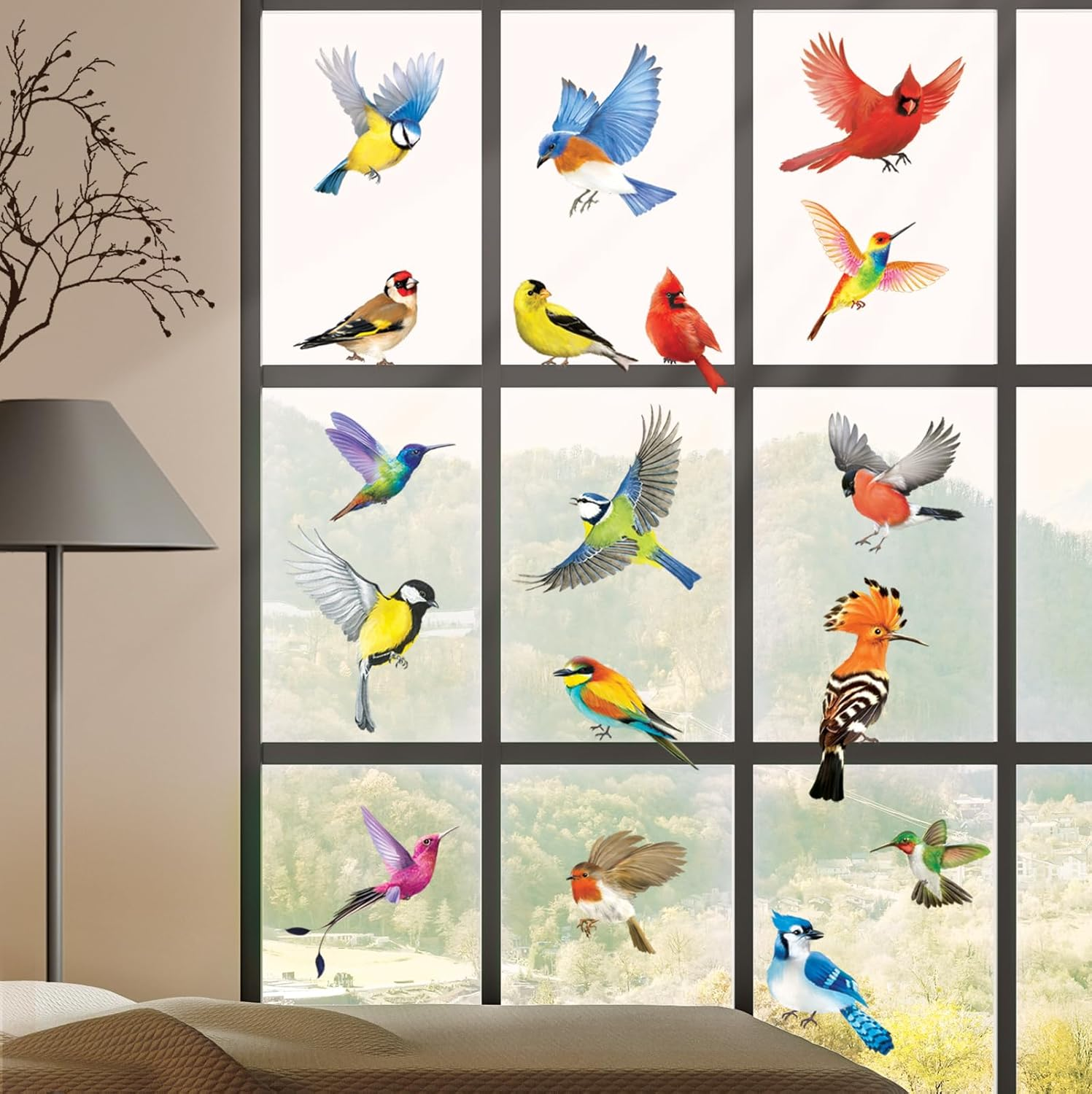 DECOWALL CDS4-9003 Beautiful Birds Static Cling Window Stickers Reuseble for Prevent Glass Flying Anticollision Bird Strike Decals - Double Sided Print Set of 17 Birds