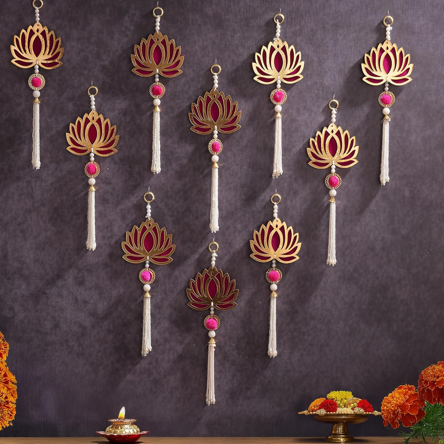 TIED RIBBONS Lotus Backdrop Hanging Pooja Decor | Plastic, 11 Inch | Set of 10 | Indian Diwali Decorations for Home, Navratri, Wedding, Ganesh Pooja, Door Entrance | Ganesh Chaturhti Decoration image number 4
