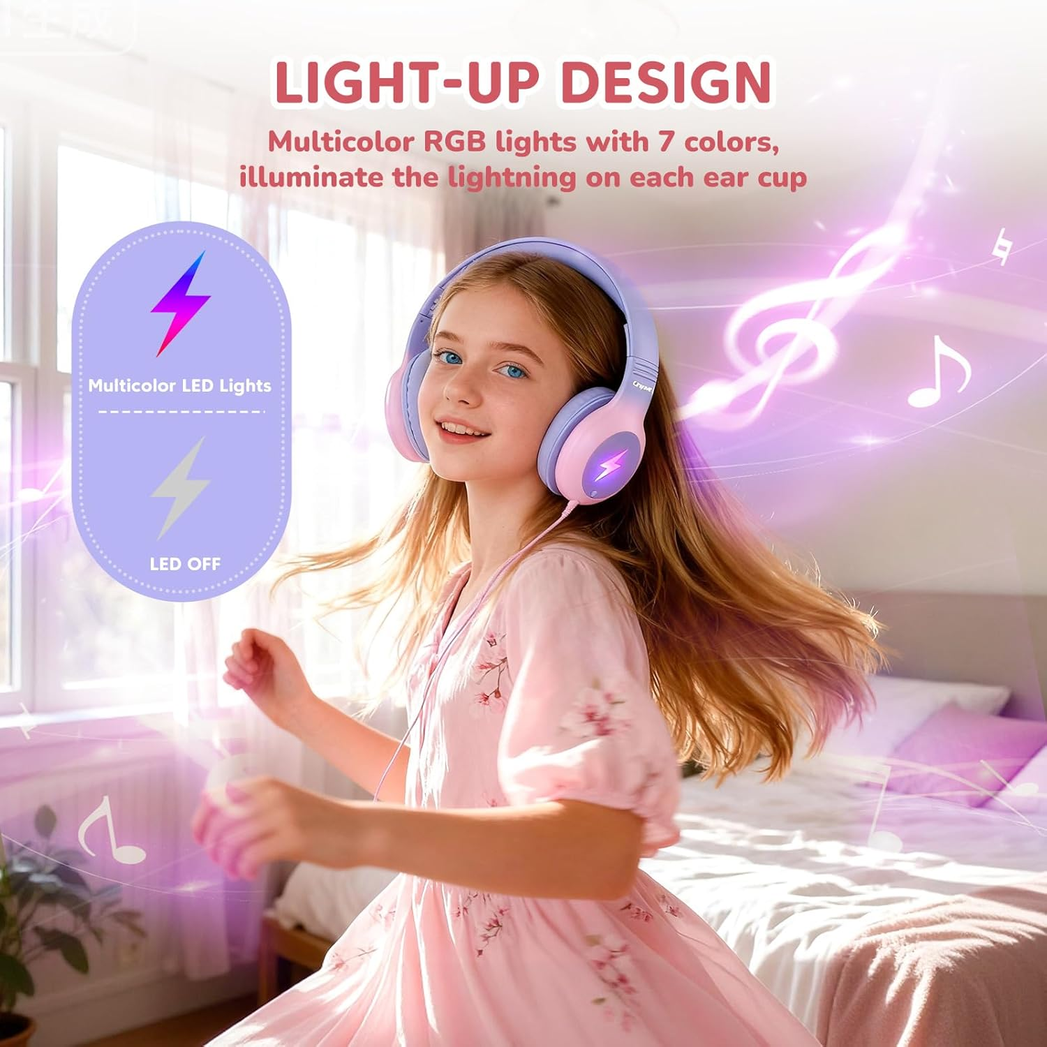 Cowyawn Kids Headphones Wired with Microphone, USB Type C Kid Headphone with LED Lights, 85/94Db Volume Limit, Over-Ear Wired USB C Headphones for Boys/Girls/School/Travel/Ipad, Purple-Pink Gradient image number 4