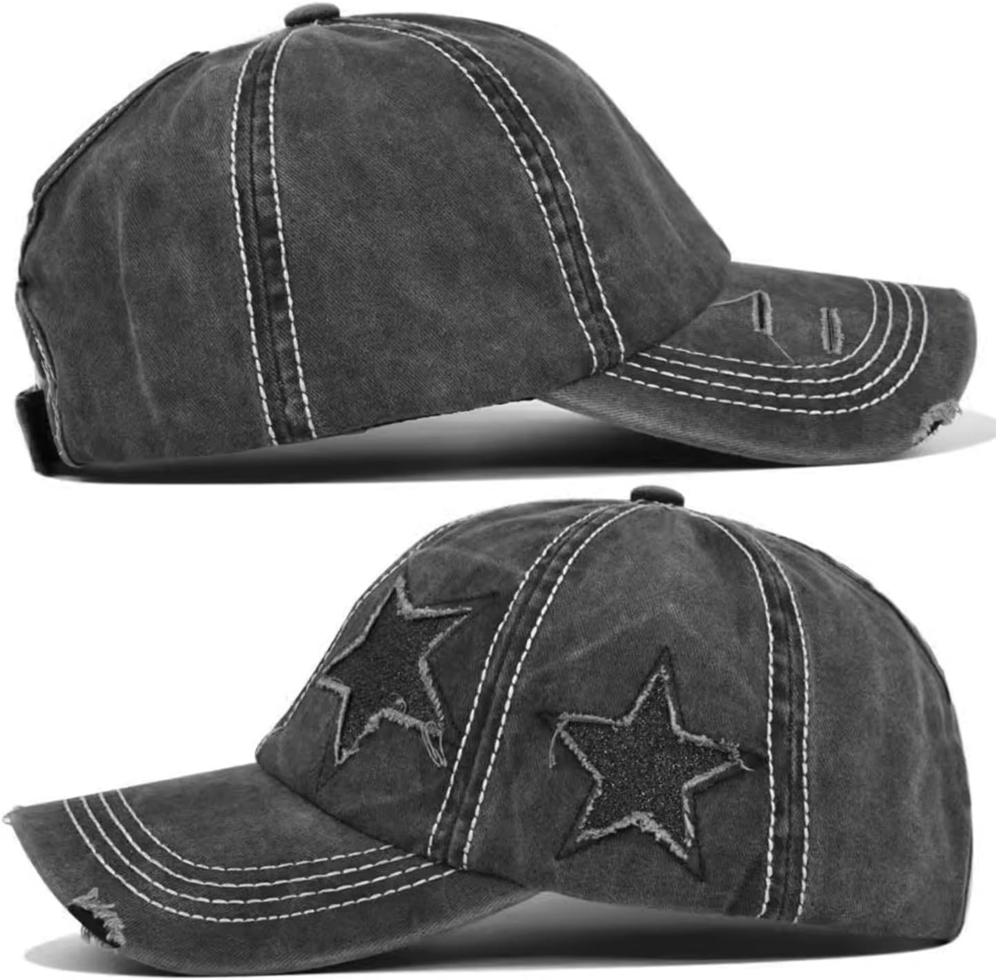 Womens Ponytail Baseball Cap Vintage Style Baseball Cap Distressed Star Design image number 2