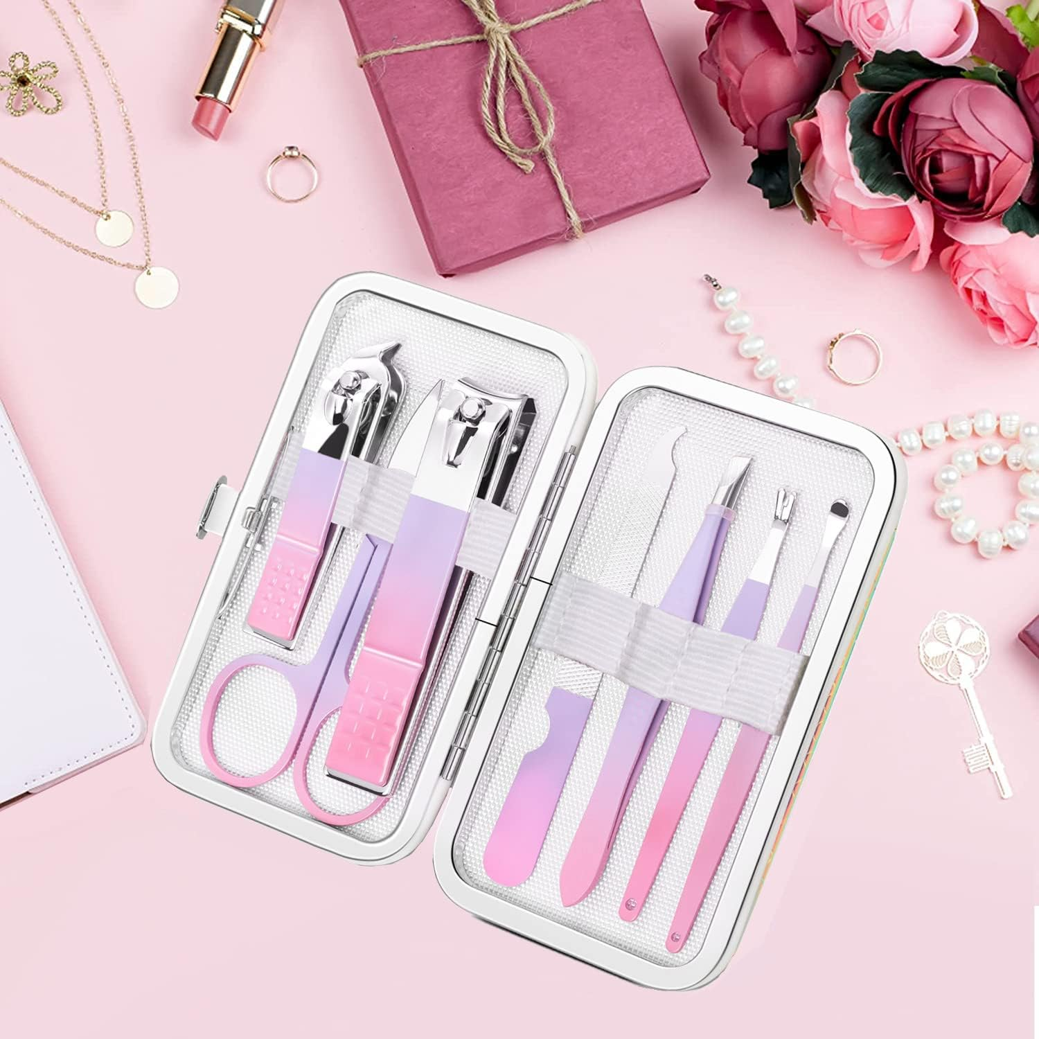 Aceoce Women Nail Clippers Professional Manicure Pedicure Kit Stainless Steel Nail Cutters Grooming Kit Personal Care Tools with Travel Case Gradual Purple