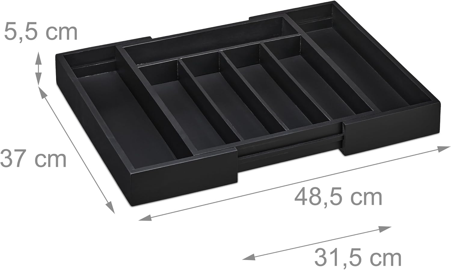 Relaxdays Bamboo Cutlery Tray, Extendable, 7 Compartments, for Utensils, 5.5 X 31.5-48.5 X 37 Cm, Drawer Insert, Black image number 4