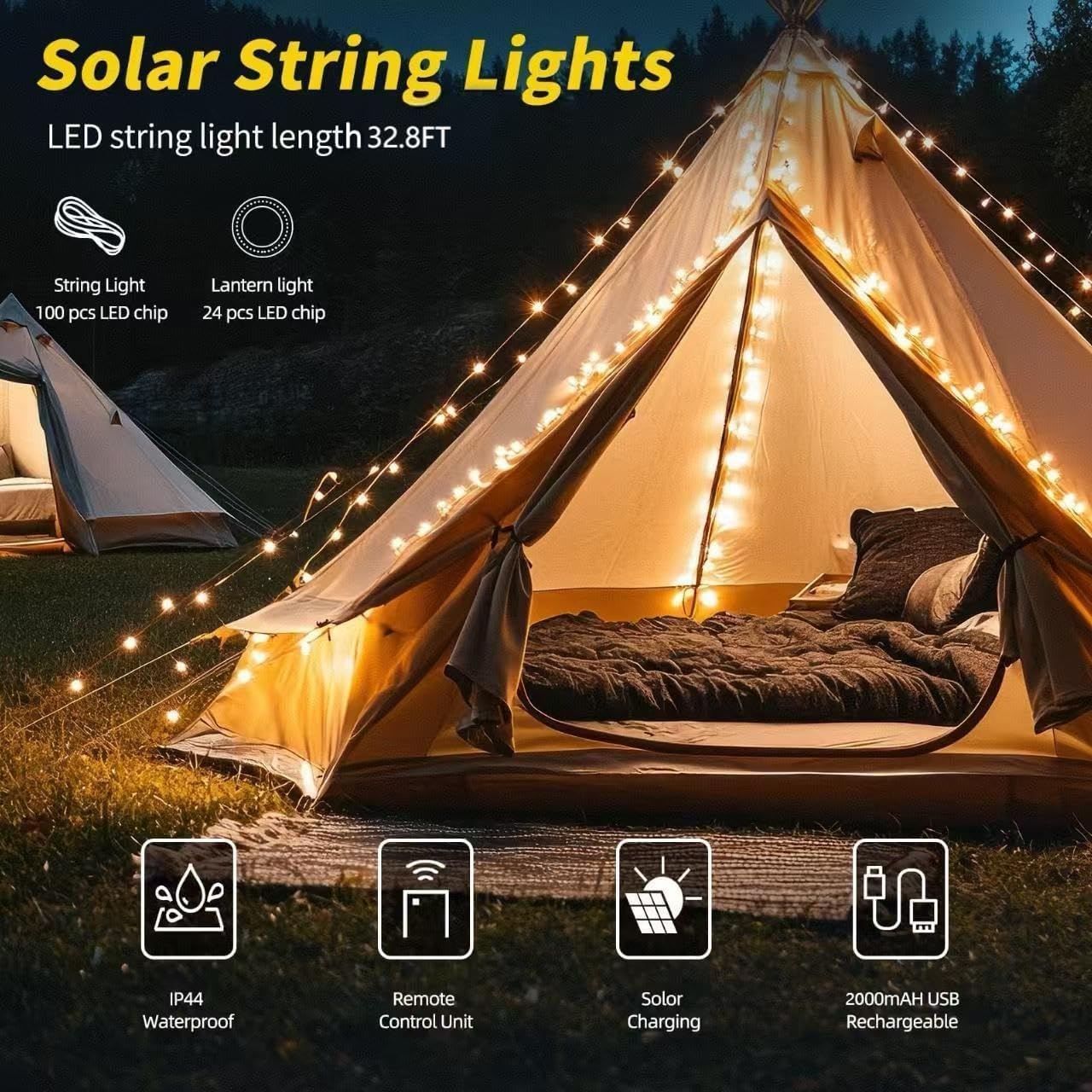 Solar Power Camping Lights String,Outdoor String Lights with 8 Modes Adjustable,Ip44 Portable Camping Lantern Emergency Light for Hiking,Tent,Yard (20 Meters Solar Power Warm Lights ) image number 4