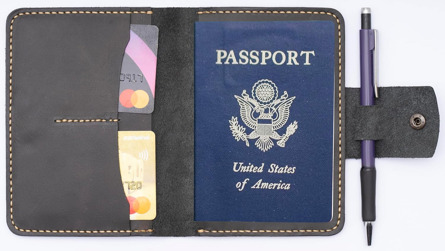 Handmade Passport Leather Case, Wallet Credit Card Holder (Dark Grey), Dark Brown, Genuine Leather Cover image number 1