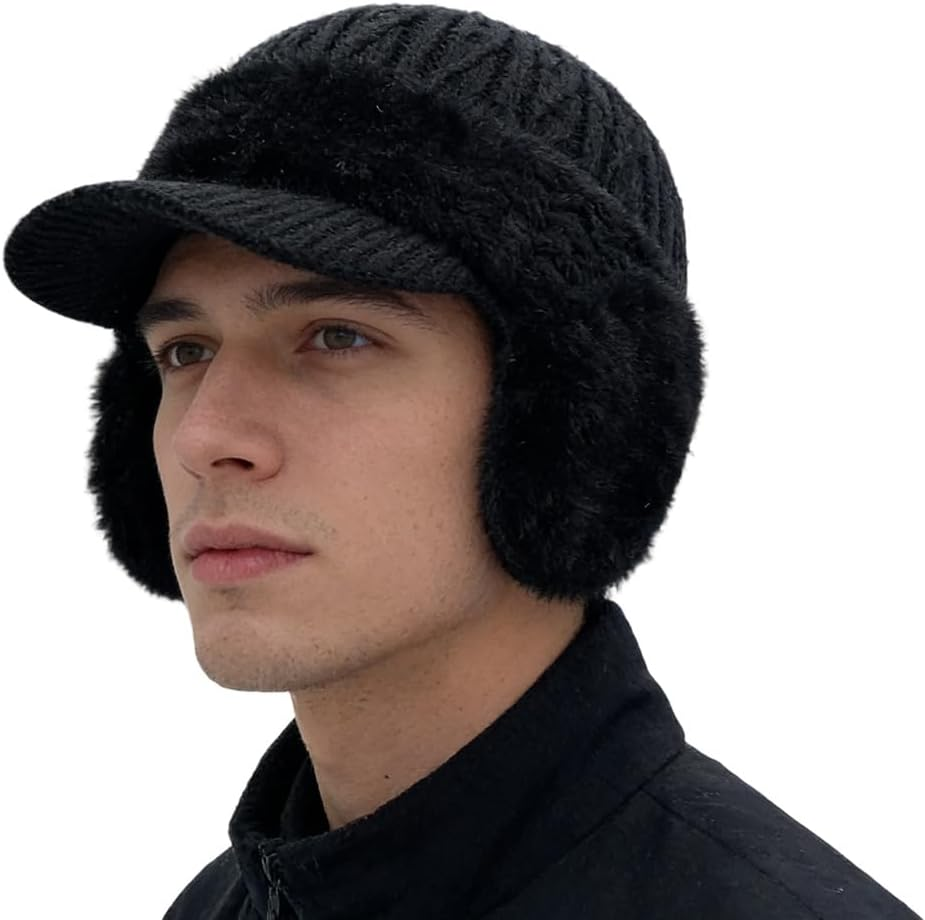 Blocking Knitted Hats with Ear Flaps and Wool Brim, Winter Fleece Lined Warm Baseball Beanie Knit Hat for Men&Women - 2Pcs-A image number 4