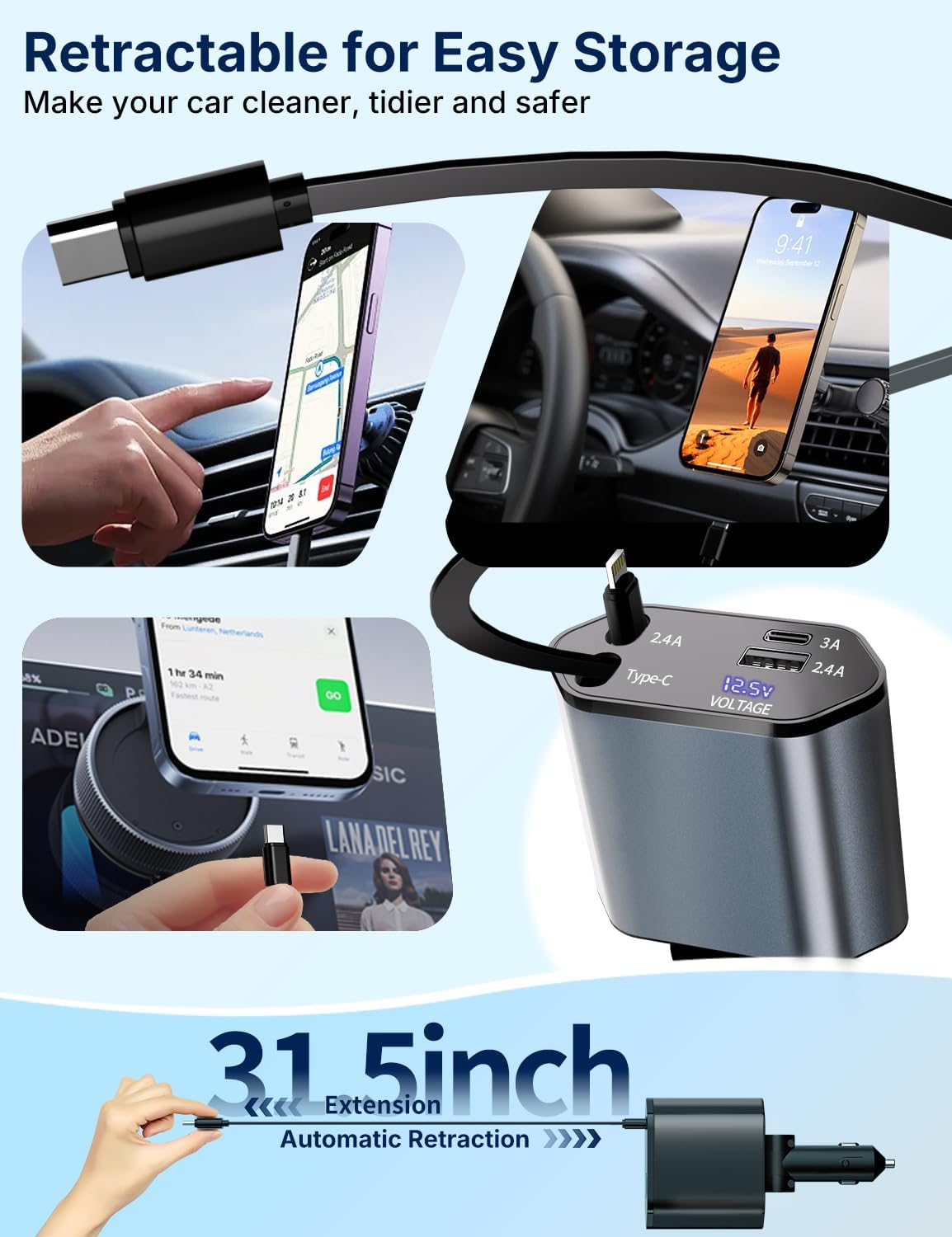 Retractable 120W USB-C Car Charger, 4 in 1 Cigarette Lighter Adapter W/Voltage Display, Type-C 100W + Lightning 20W Fast Charging, for Iphone 16 15 14 13 12/Ipad/Android, DC12/24V Vehicles