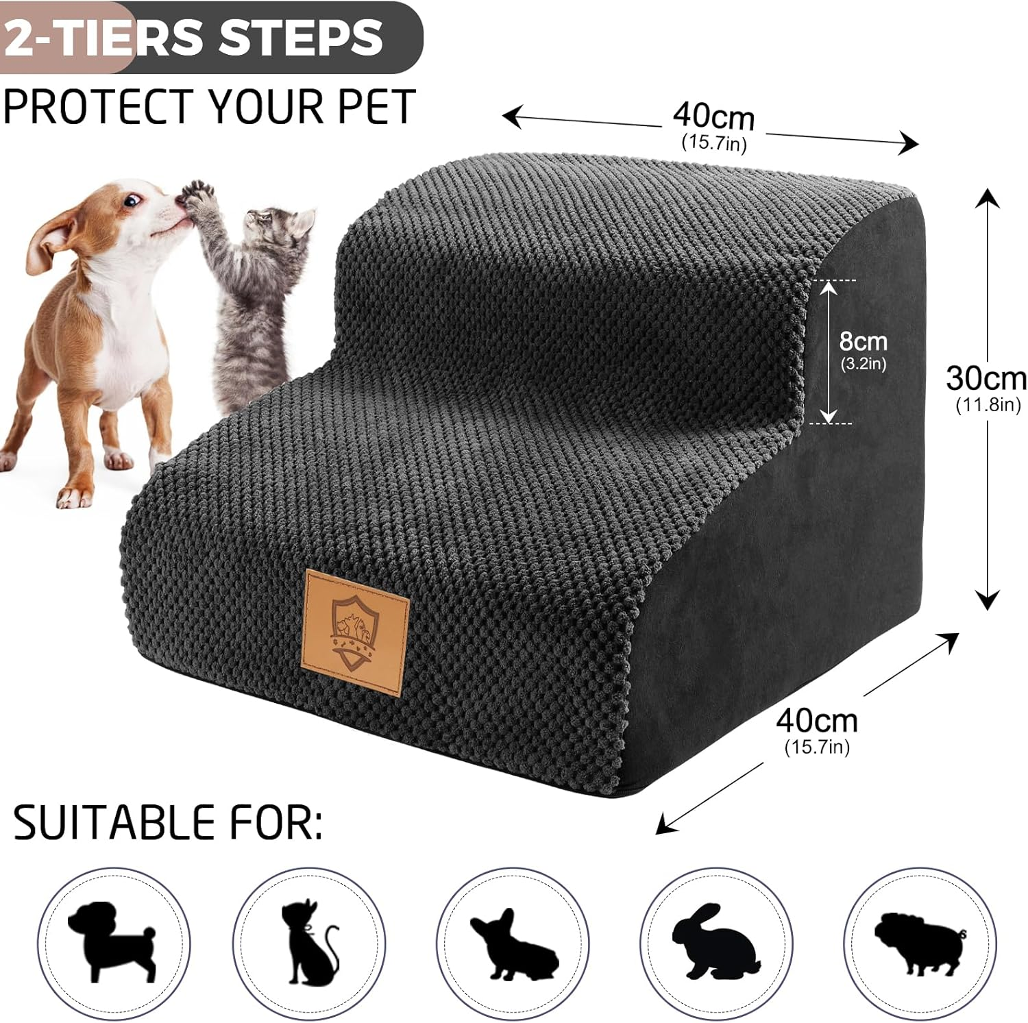Kphico Foam Pet Stairs for Small Dogs and Cats, 2-Step Dog Stairs for Small Dogs, Non-Slip Puppy Stairs Pet Steps for Beds and Couches - Send 1 Pet Hair Remover Roller, Black image number 3