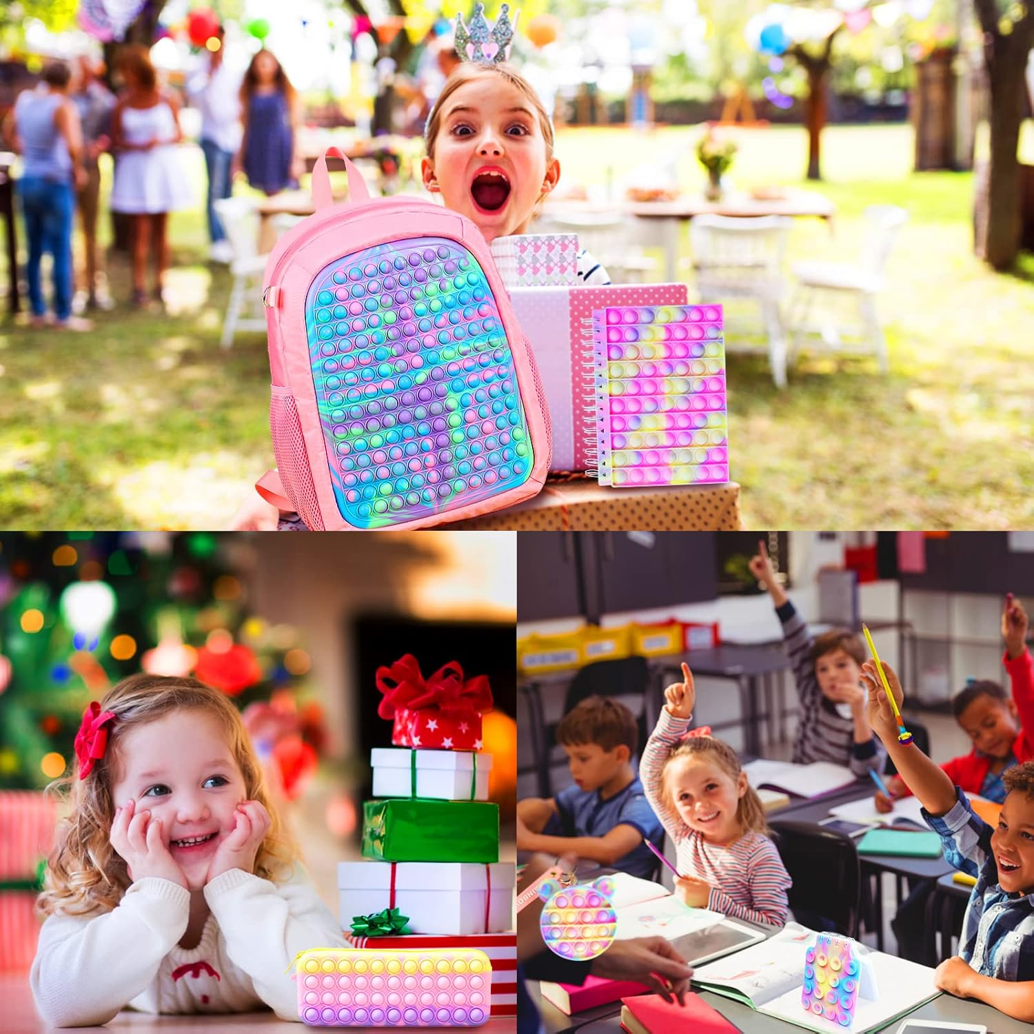 Large Pop Fidget Backpack for Girls, Pop It Bags&Pop It Notebook and Pencil Case for Kids' Fidget School Supplies for Elementary Student Stress Relief, Great Birthday Present Gift for Kids, Pink image number 4