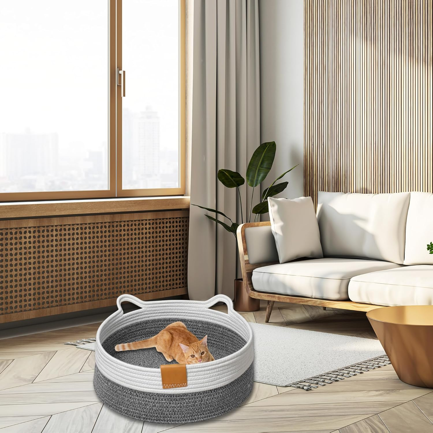 CAPASTEC Woven Cat Bed, 50 Cm Diameter, Foldable Basket Nesting Site, Breathable Pet Lounger, Claw Abrasion-Resistant Universal Kitten Bed, Deep Grey image number 4