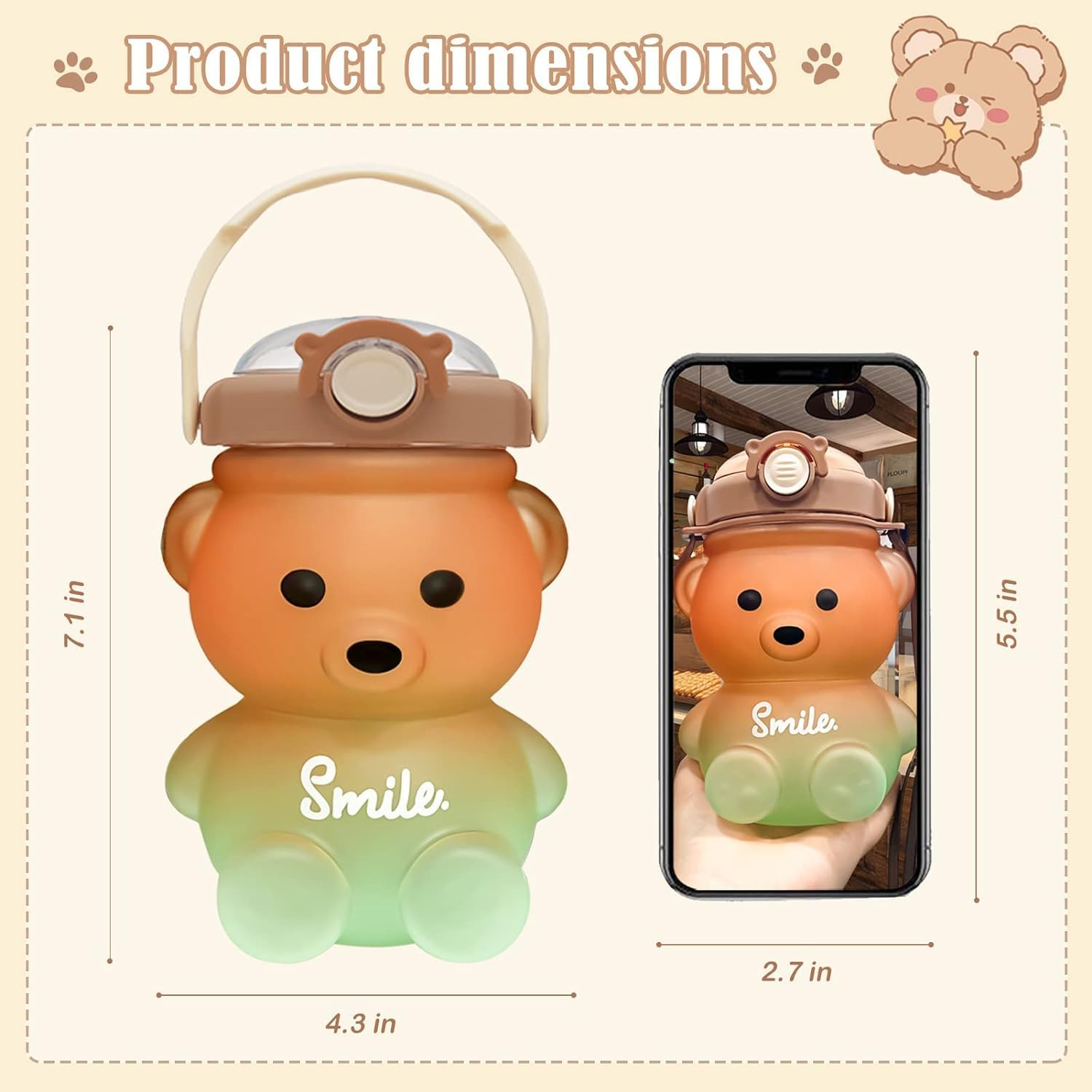Cute Bear Water Bottle with Strap and Straw, 32Oz Kawaii Kids Water Bottles, Leak-Proof Plastic Drinking Cups for Girls Women School Sports Camping Picnic Hiking Travel (Brown-Green)