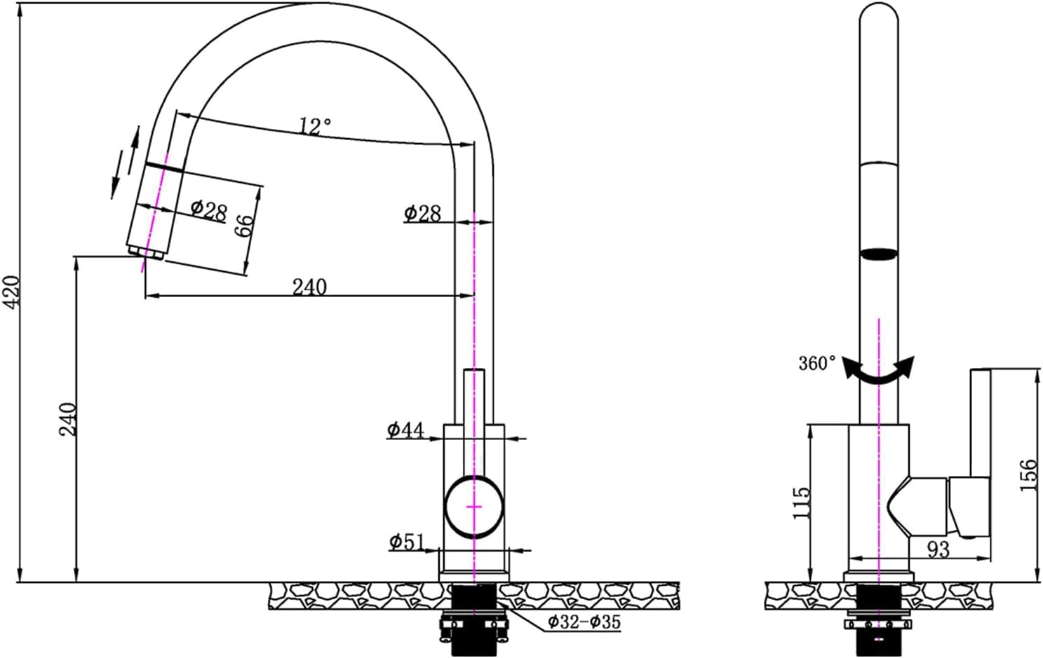 ACA International DR Brass Lead Free Kitchen Tap, WELS Kitchen Mixer Tap Pull Out 360&deg; Swivel Spout Kitchen Tap Laundry Faucet Brushed Yellow Gold - Black image number 7