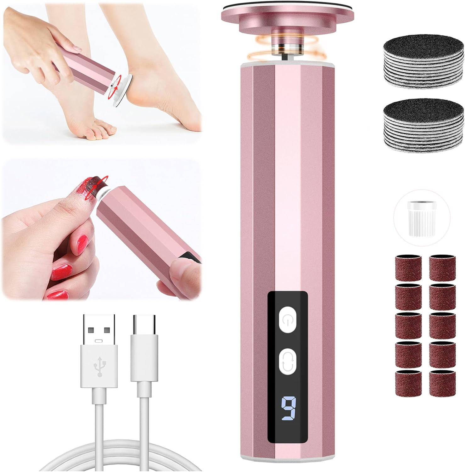 Electric Foot Callus Remover, 2 in 1 Rechargeable Foot File for Feet & Nails, 9 Speed Controller Callus Remover with Replaceable Sandpaper, Cordless Pedicure Tools for Dead Skin and Calluses (Pink)