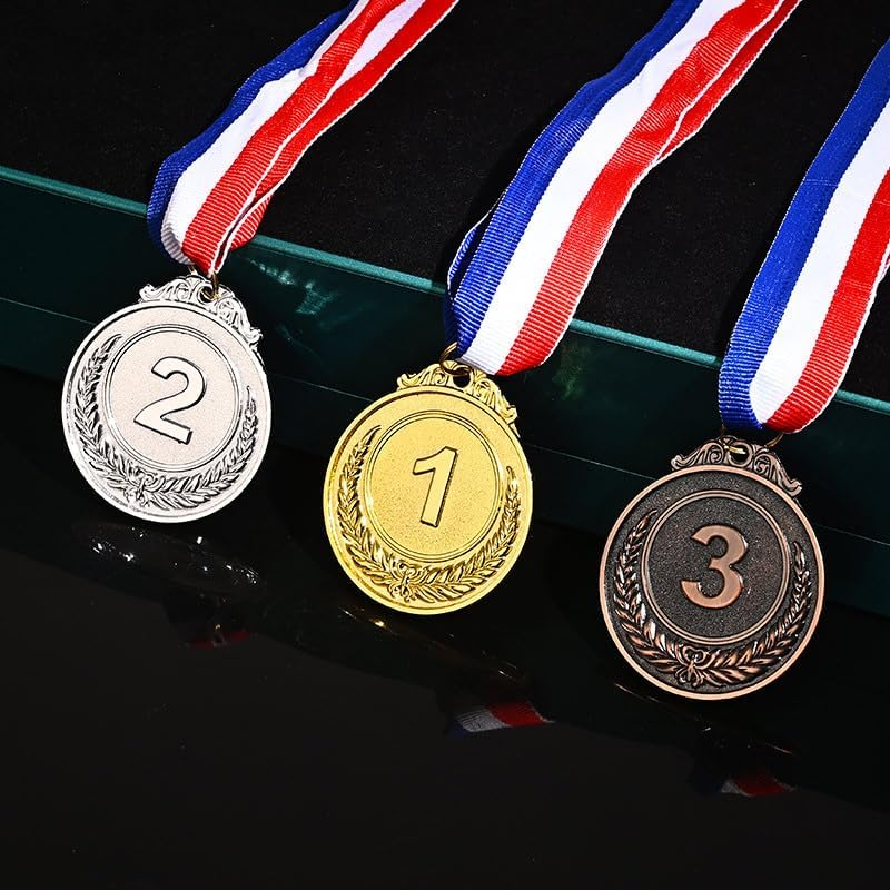 3PCS 1St, 2Nd, 3Rd Award Medals, 2 Inches Winner Medals Gold Silver Bronze Prizes with Red White Blue Neck Ribbon for Competitions Awards, Olympic Style Party Decorations image number 1