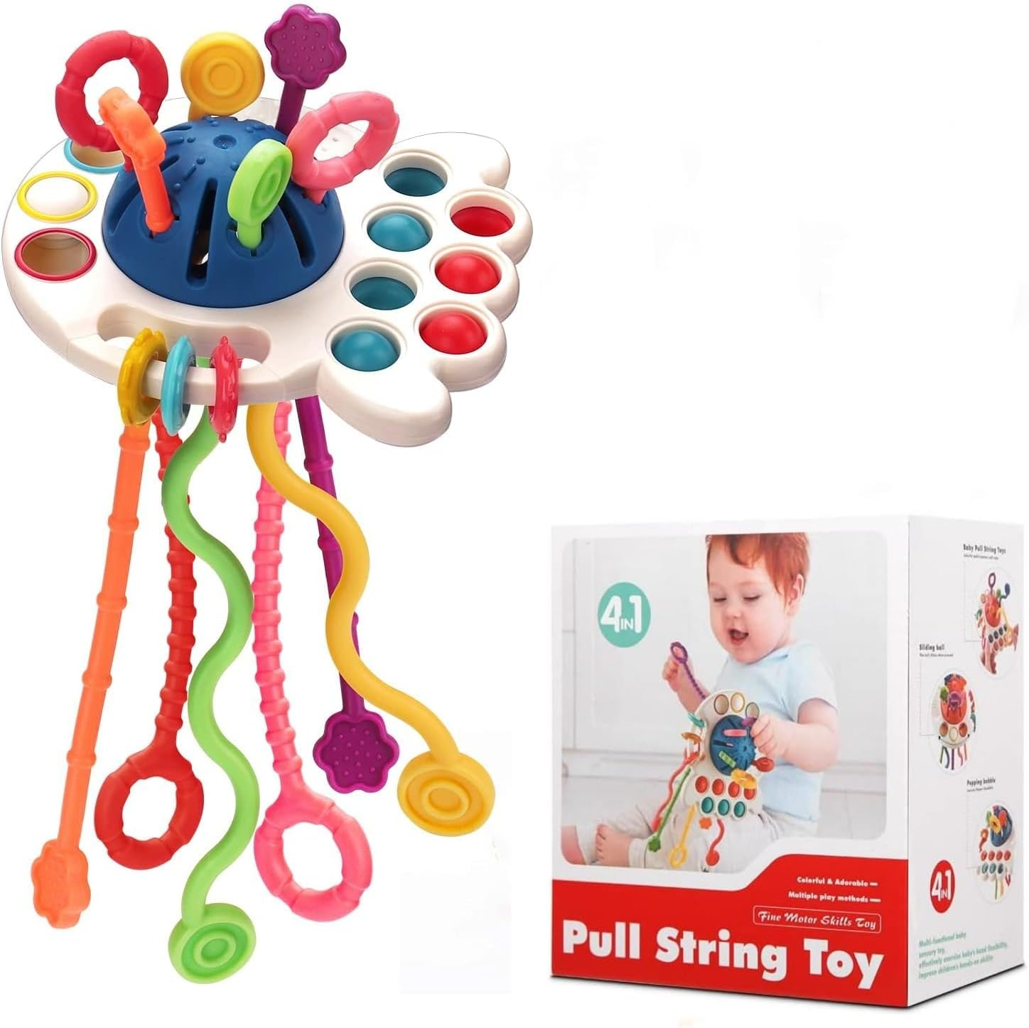 MATHARAGO Silicone Pull String Octopus Toy, Multi-Sensory, Travel & Fine Motor Skills Toys, Blue, Infant & Toddler image number 3