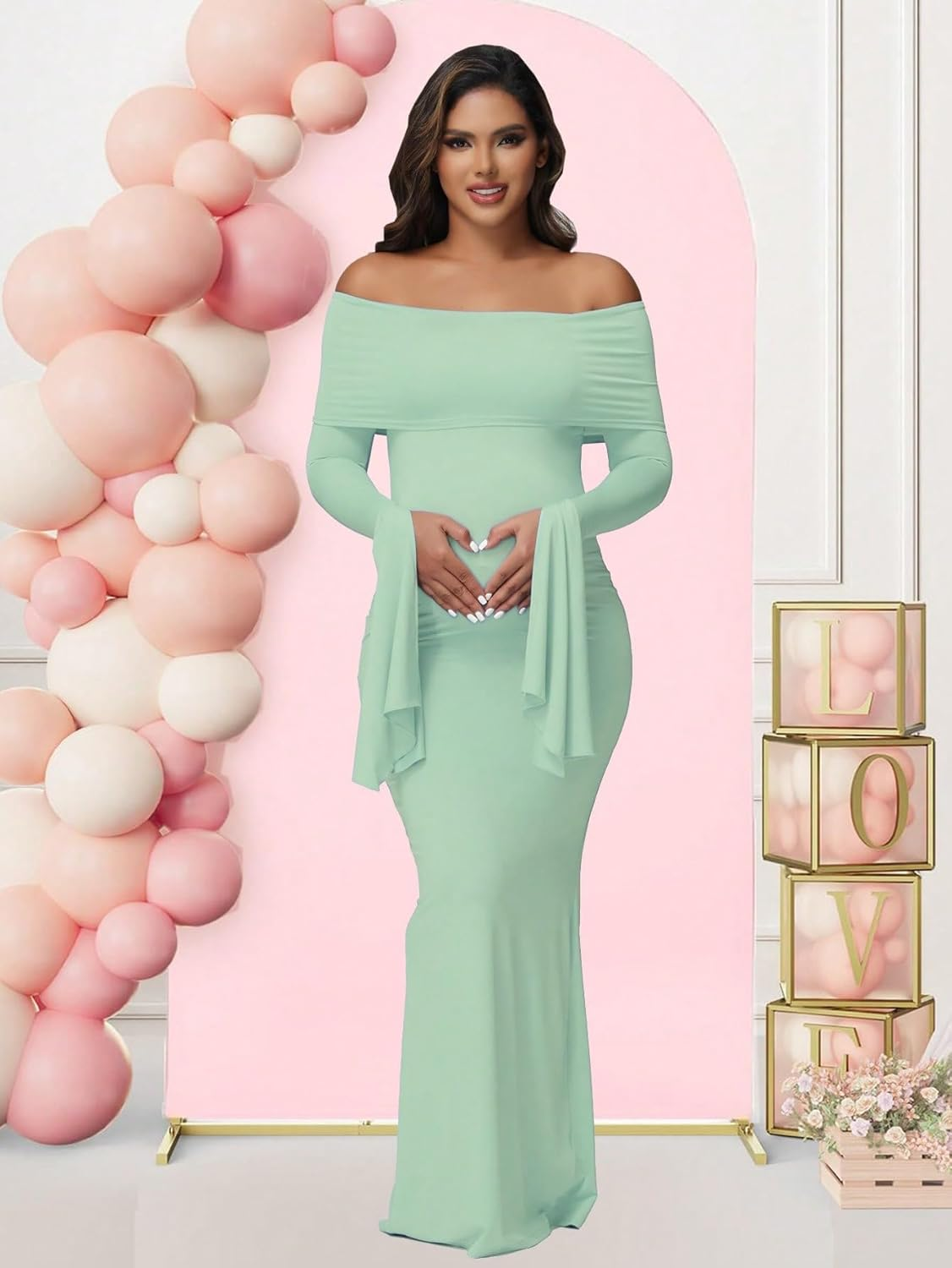 Justvh Women'S Maternity Long Sleeve off Shoulder Pregnancy Photography Dress for Baby Shower Photoshoot Party image number 2