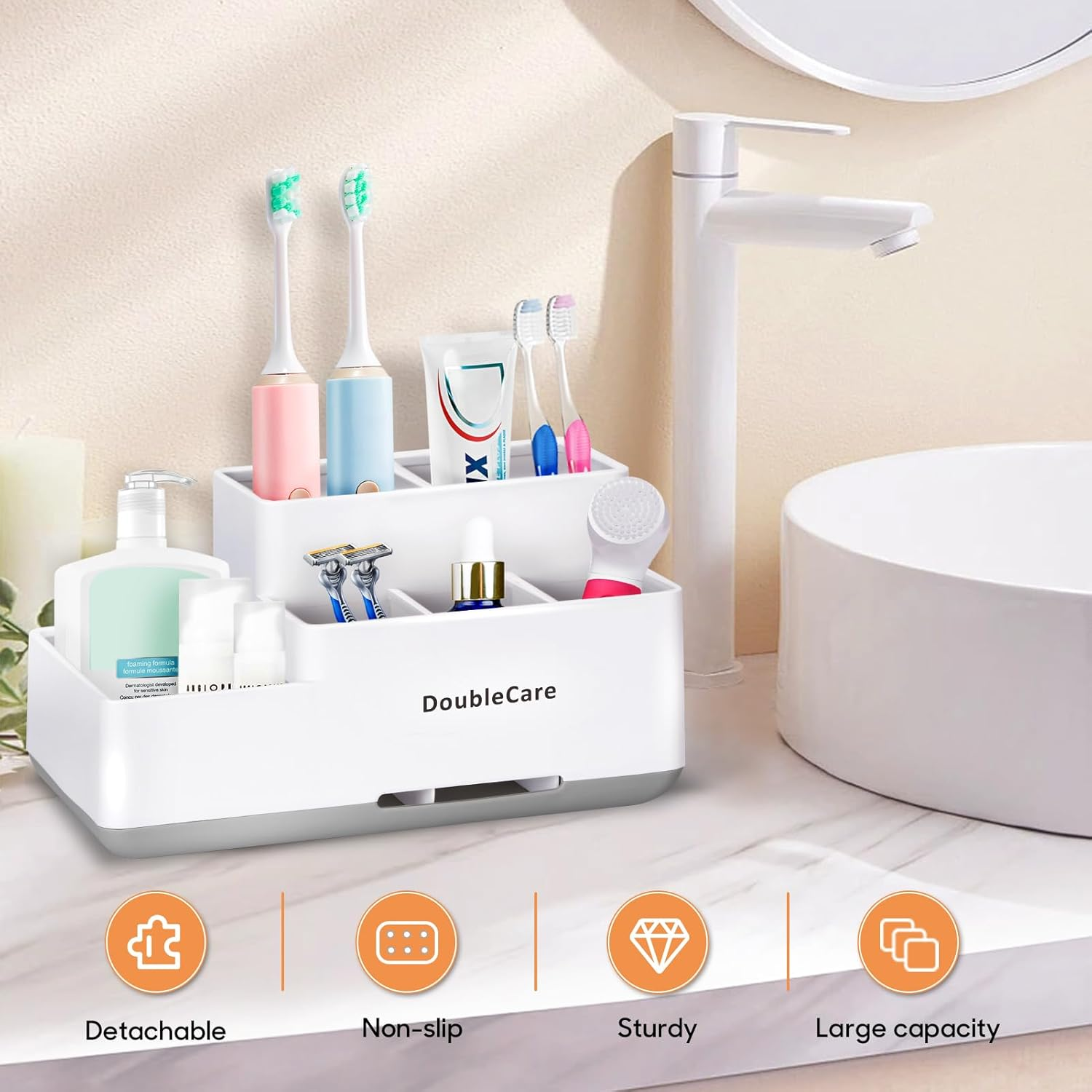 Toothbrush Holder with Anti-Slip,Bathroom Organizer Countertop Detachable for Easy Cleaning, Multifunctional Storage,Bathroom Caddy for Toothpaste (White) - Marble White image number 7