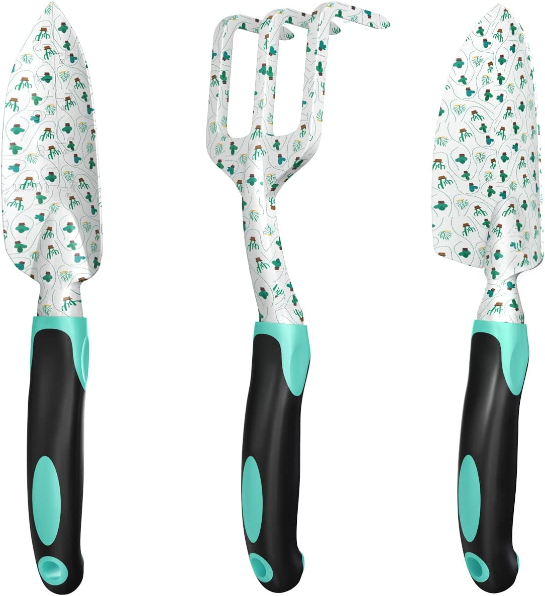 ESOW Garden Tool Set with Non-Slip Rubber Handle, 3 Piece Cast-Aluminum Heavy Duty Gardening Kit Includes Hand Trowel, Transplant Trowel and Cultivator Hand Rake, Cactus Pattern Printed image number 4