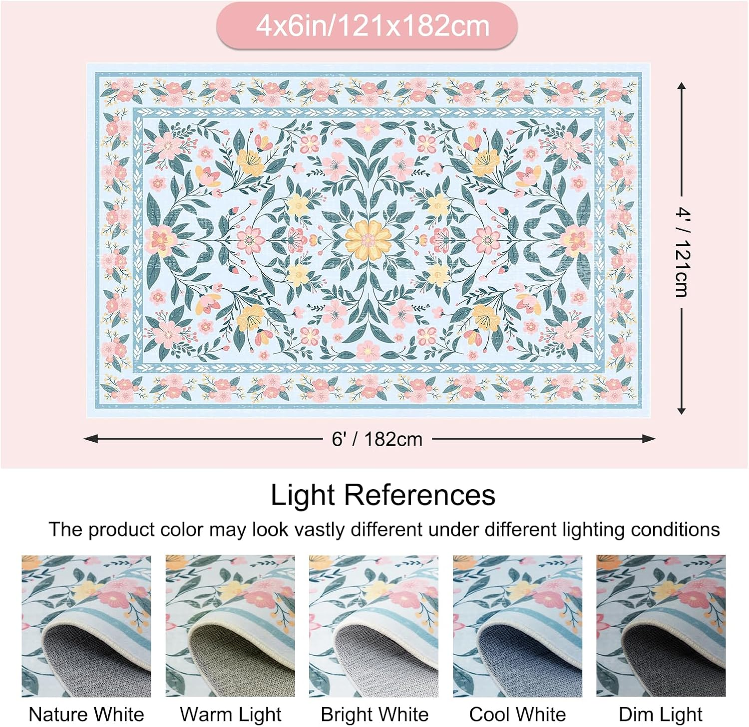 MOSISO 4X6 Area Rug for Living Room, Soft Non Slip Vintage Flowers Low Pile Carpet, Faux Wool Rectangular Washable Area Rugs Carpet for Living Room Bedroom Dining Room Home, Blue image number 4