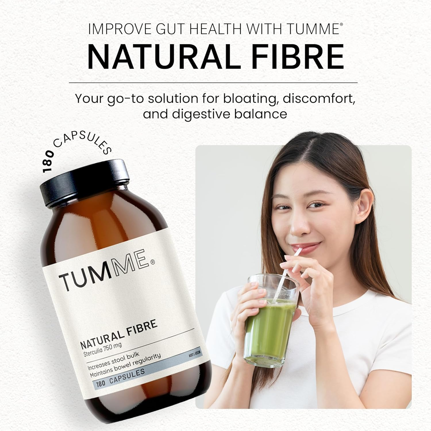 TUMME Natural Fibre Supplement with Sterculia - 180 Capsules - Non-Fermentable Fibre for IBS Relief, Constipation, Diarrhoea and Bloating - Plant-Based, Gentle Gut Support - Vegan & Gluten Free image number 3