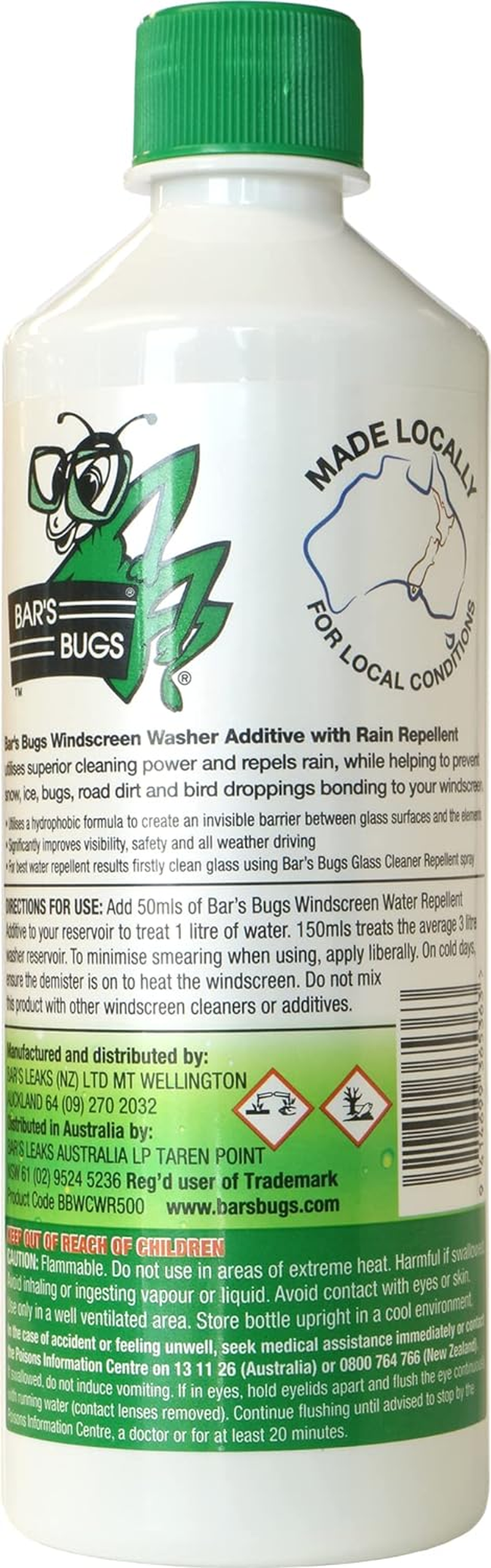 Bar&rsquo;S Bugs Windscreen Repellent Additive 500 Ml &ndash; Hydrophobic Rain Repellent Washer Additive | Clears Bugs, Diesel Spray, Road Film | 3&times; Concentrate image number 1