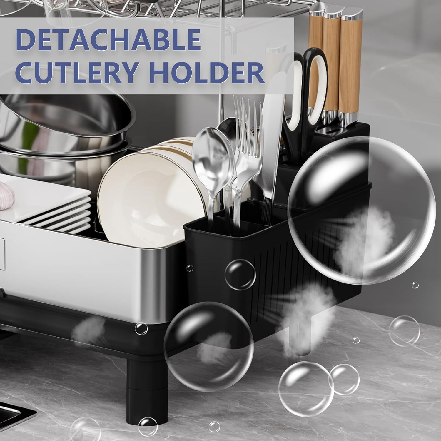 Sandream 2 Tier Dish Drying Rack, 304 Stainless Steel Dish Rack for Kitchen Counter, Large Dish Drainer with 360&deg;Rotatable Drain Spout & Utensil Holder & Cups Holder, Dish Rack with Draining Tray image number 6