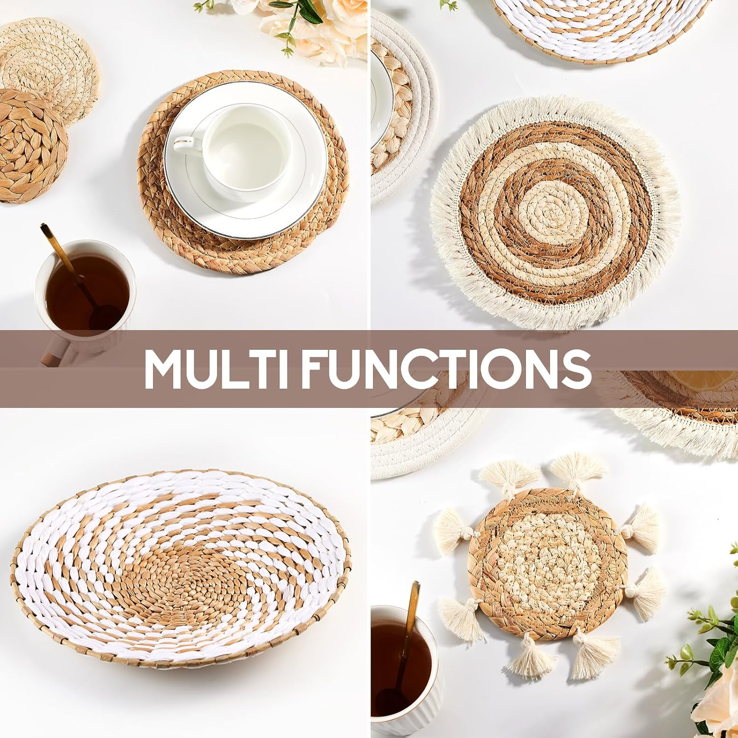 7 Pack Boho Wall Basket Decor - Seagrass Rattan Wicker Wall Decor round Handmade Hanging Rustic Flat Elegant Wall Art for Farmhouse Living Rooms Bedrooms Display Table Settings Kitchen Home image number 6