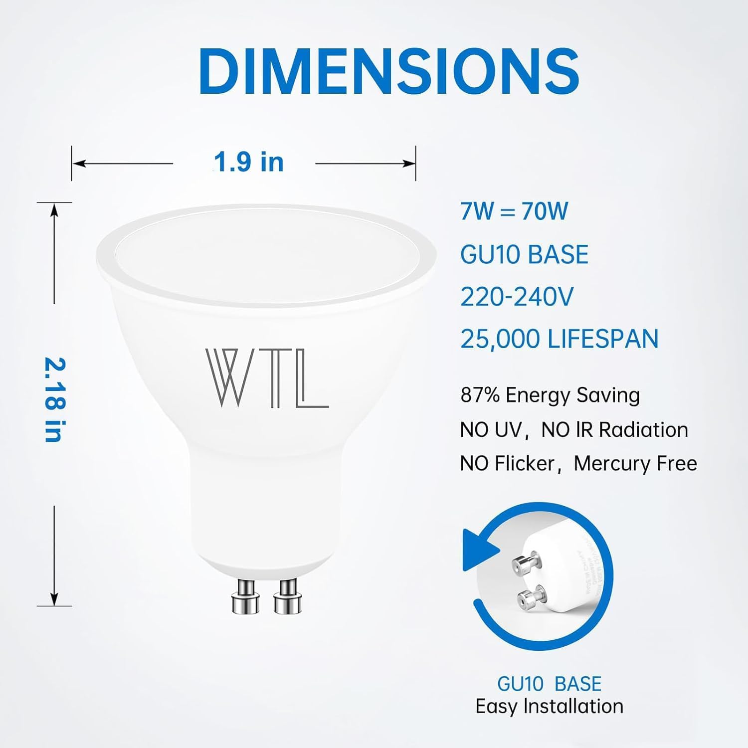 WTL GU10 LED Bulbs Dimmable, 7W 600LM GU10 LED Light Bulb Warm White 3000K, Equivalent to 70W Halogen Bulbs, 120&deg;Wide Beam Angle Energy Saving Light Bulbs, Pack of 10