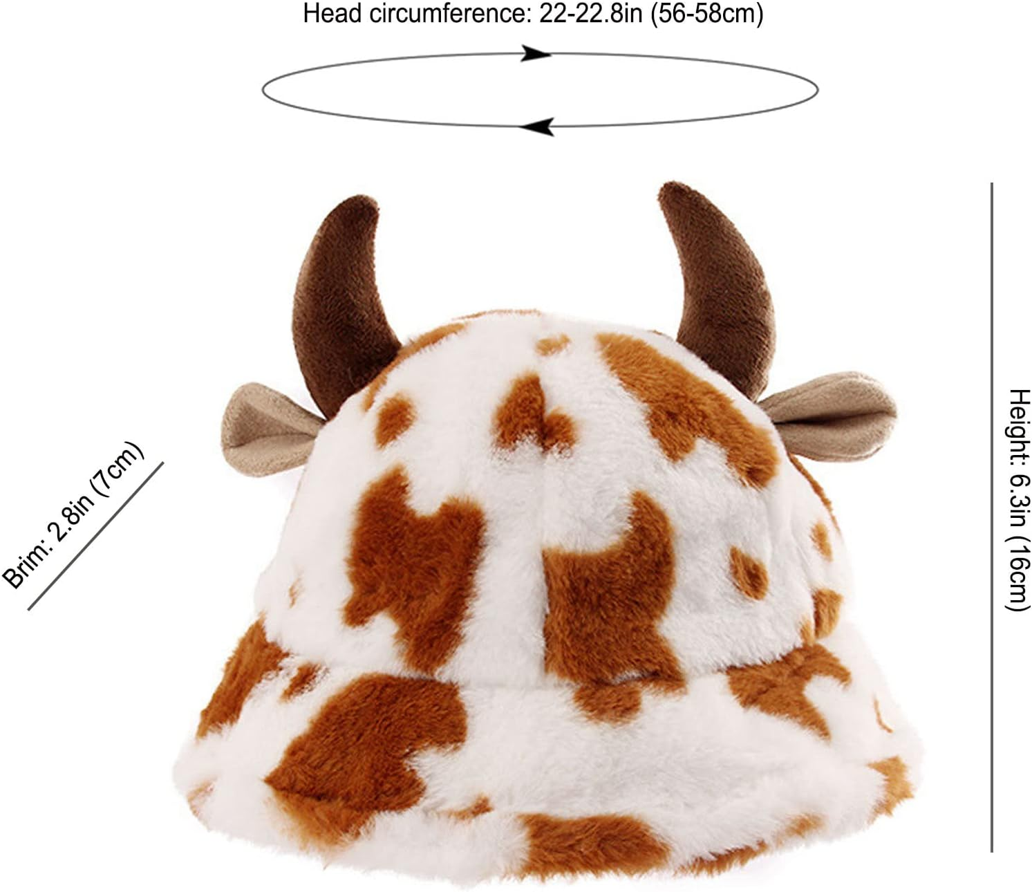 Unisex Fluffy Cow Bucket Hat with Horns Plush Bucket Hat for Women, Teens Winter Funny Fisherman'S Hat - Brown image number 3