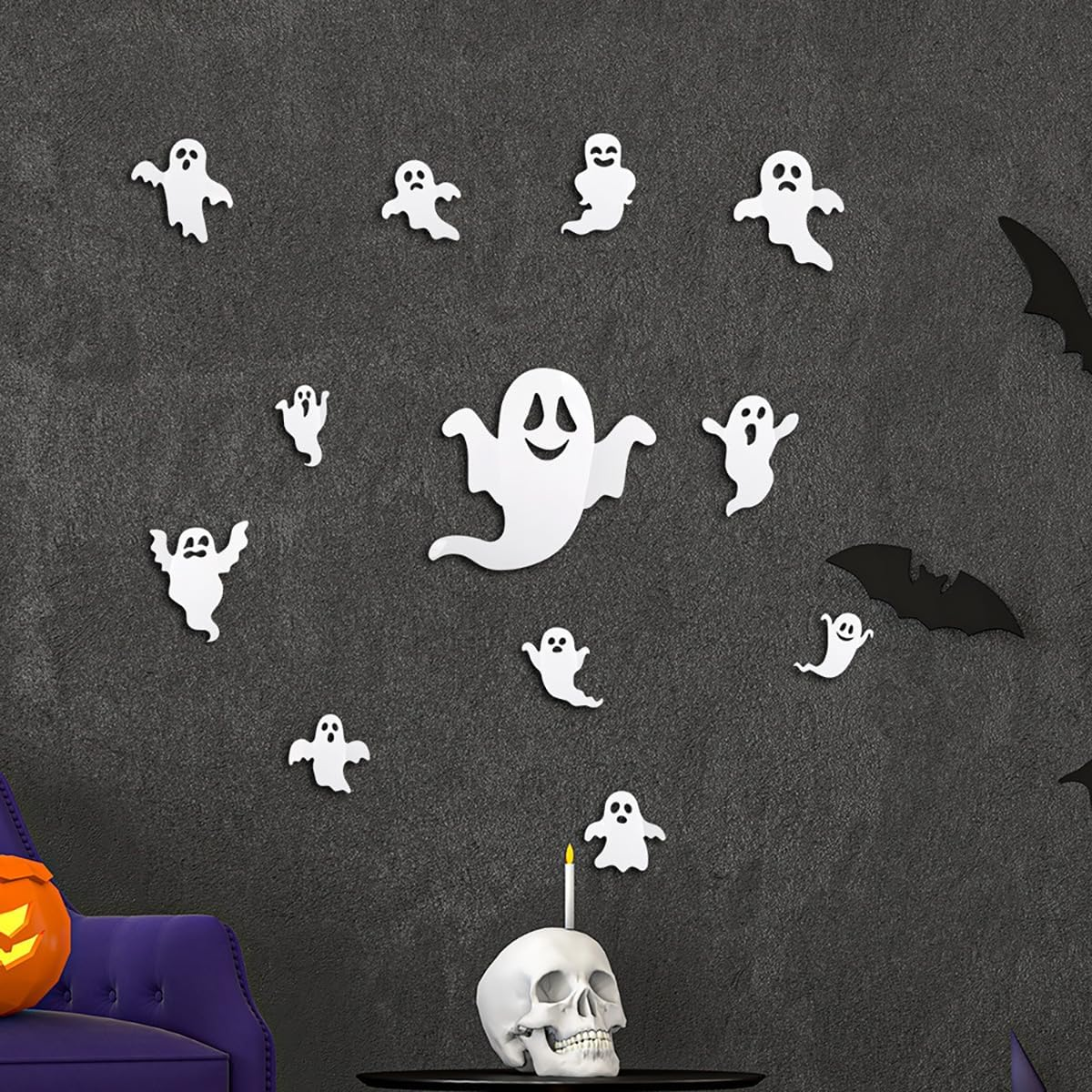 24Pcs Halloween Ghost Wall Decor 3D Ghost Stickers Decor Reusable Cute Halloween Decor Self-Adhesive White Ghost Wall Decorations for Gothic Window Door Wall Room Closet Halloween Home Decor Stickers image number 1